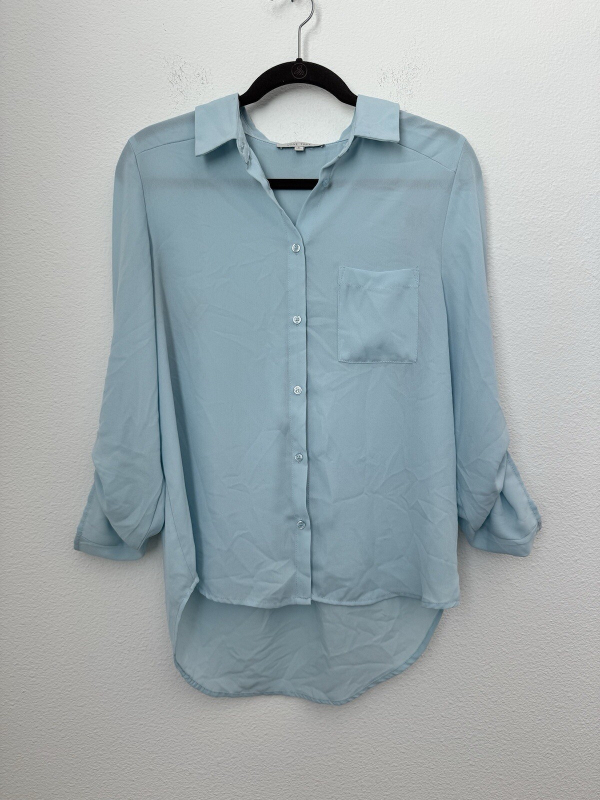 Love Tree Women’s Light Blue Roll Tab Sleeve Button Down Blouse Small