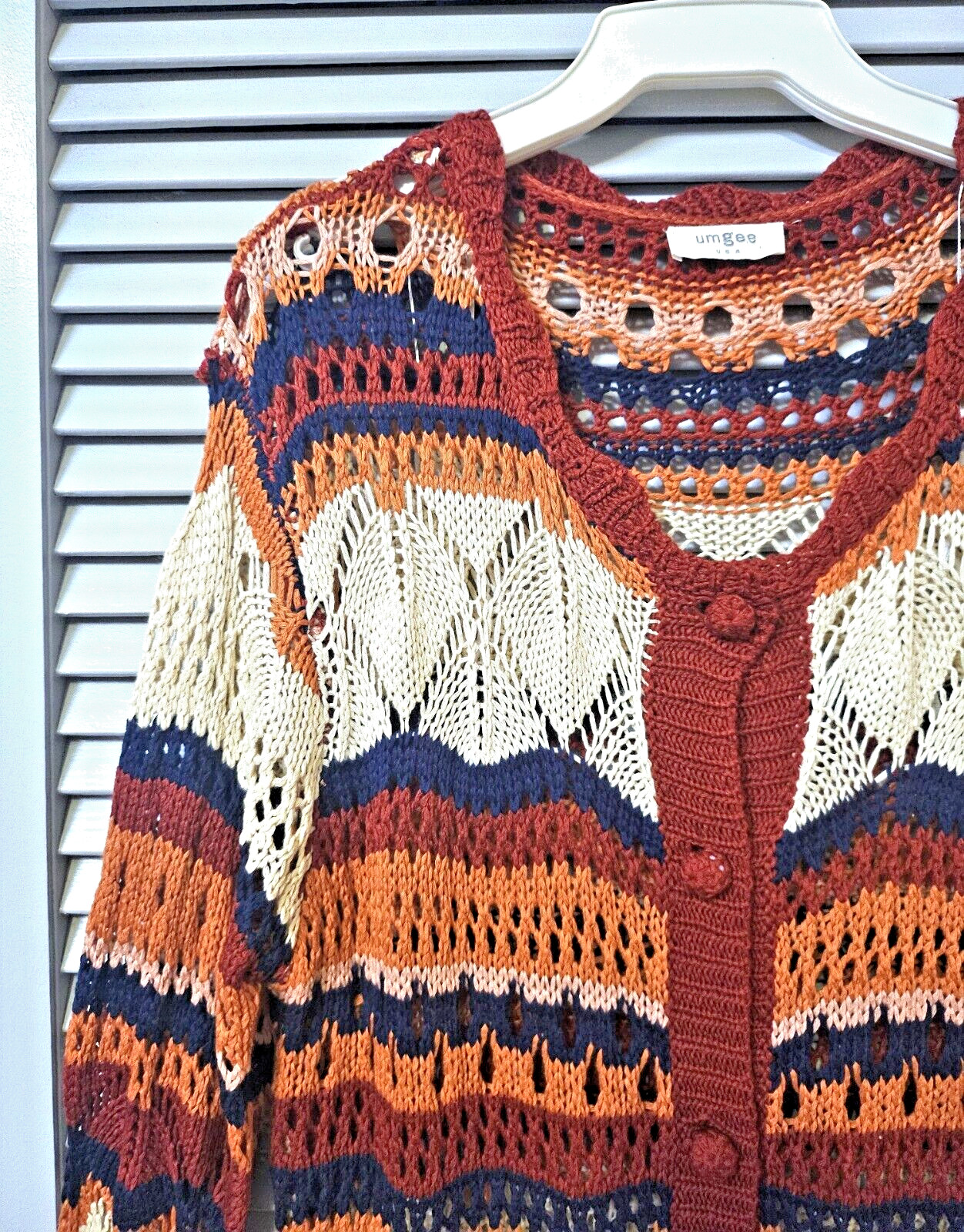 burgundy multi-color crochet cardigan knit top L