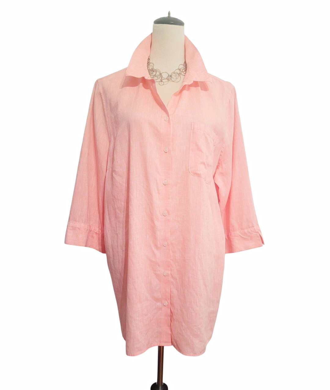 Chico’s Linen Tunic Shirt Women Coral 100% Linen Button Front 3/4 Sleeve Size XL