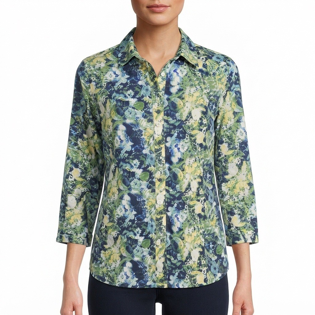 Breckenridge Shirt Womans Large Petite Green Blue Floral 100% Cotton 3/4 Sleeve