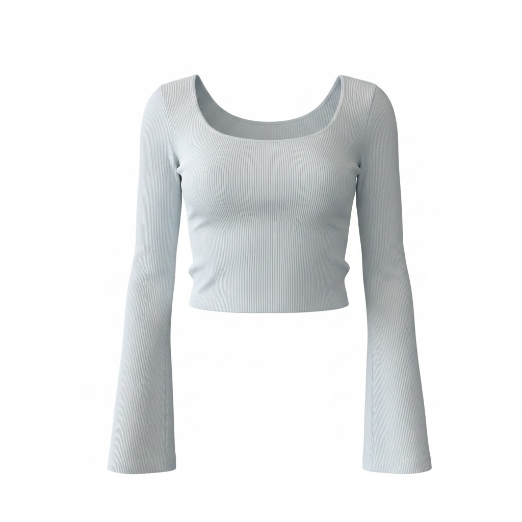 Wild Fable Seamless Ribbed Stretch Crop Top Scoop Neck Long Sleeve L Blue