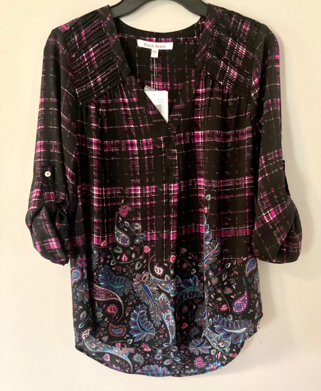 BLACK RAINN BLACK MULTICOLOR PLAID & PAISLEY ADJUSTABLE SLEEVE TOP, SIZE S -NWT!