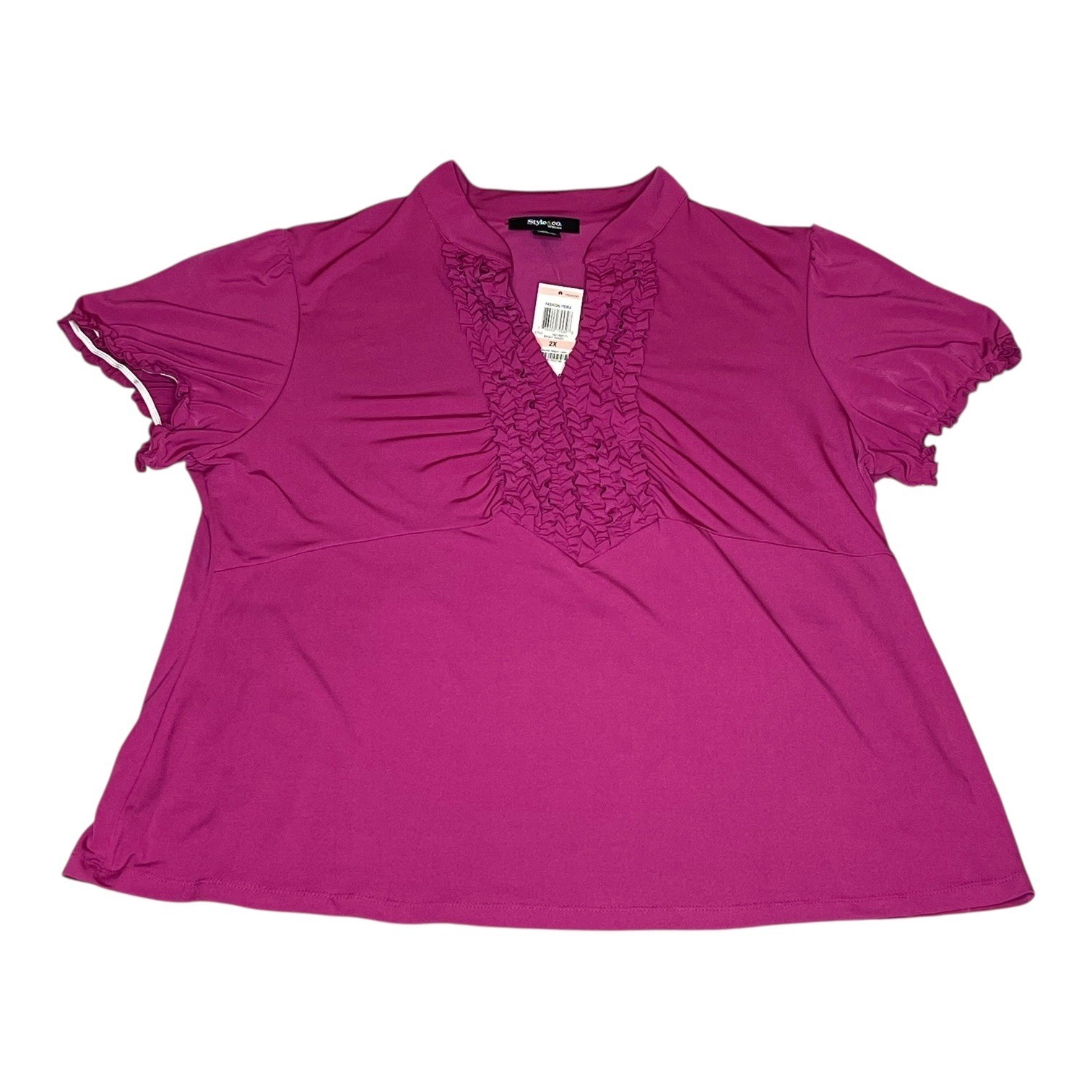 NEW Style & Co Woman Bright Azalea Pink Ruffle V-Neck Top 2X