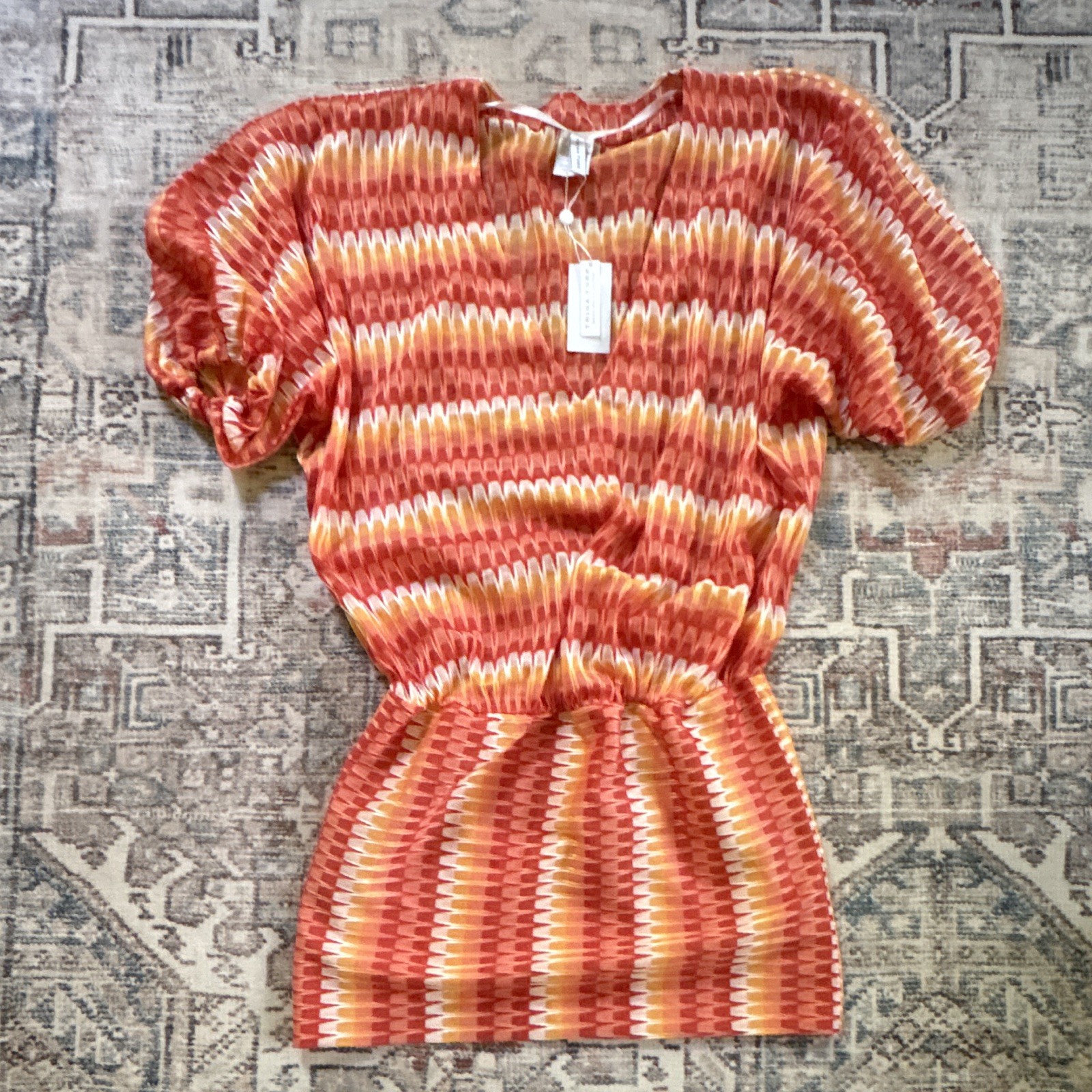 Trina Turk Multicolor Striped Knit Dolman Smocked Scoop Neck Beach Cover XS-S