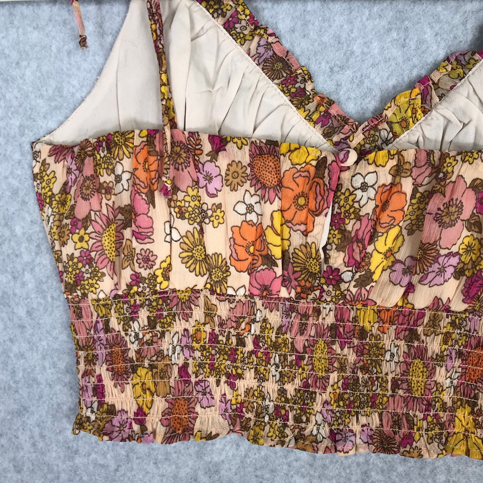 Patrons of Peace Crop Top Medium Orange Tank Bloom Ruffle Boho Western Tie Bow