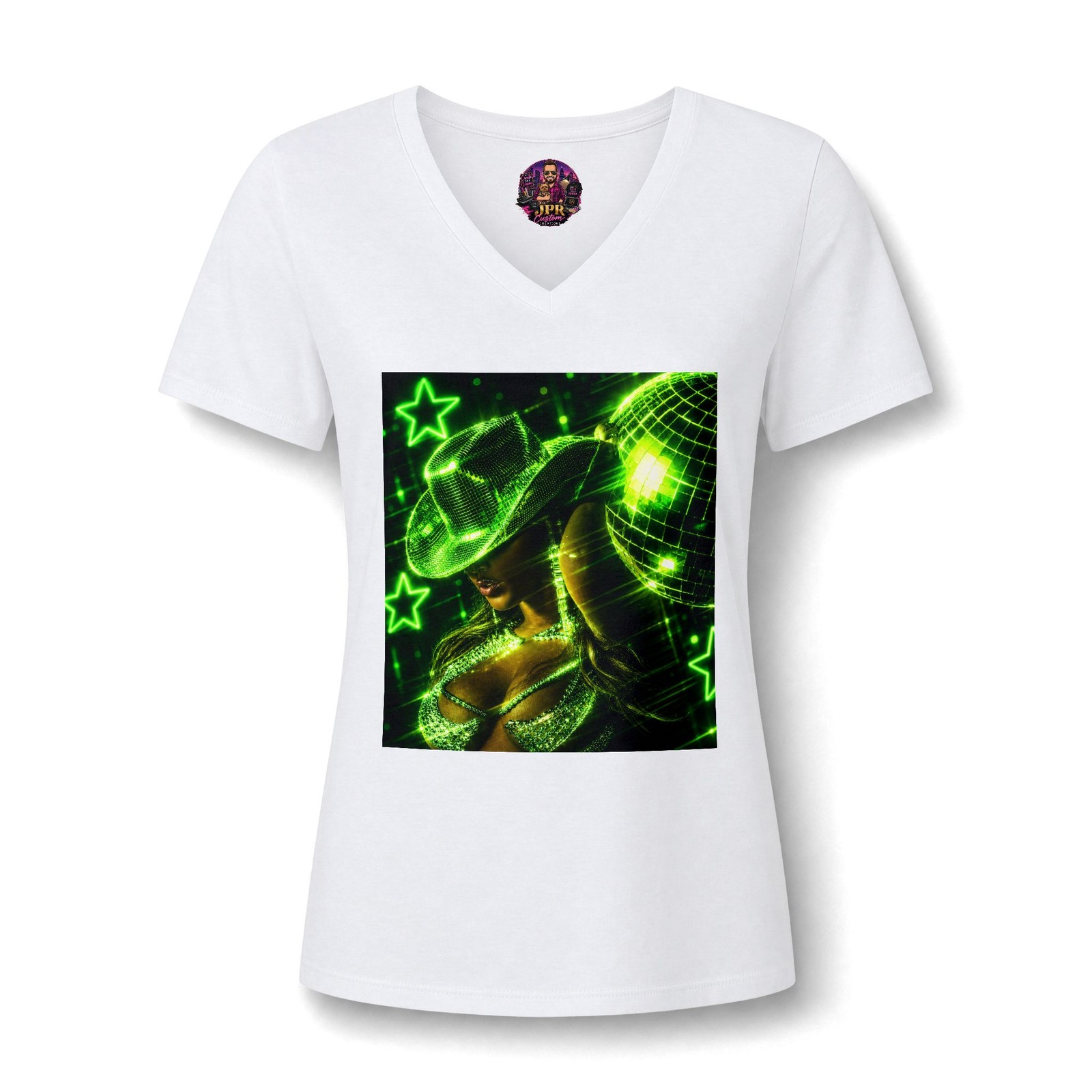 Neon Green Disco Cowboy Graphic V-Neck Tee Retro Space Cowgirl Bella Canvas