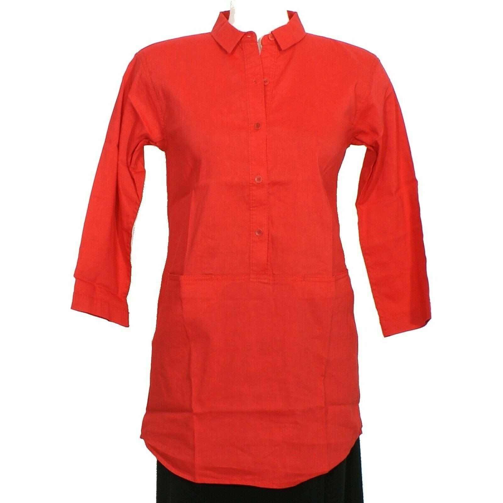EILEEN FISHER Cardinal Red Linen Viscose Stretch Pocketed Tunic Top PP