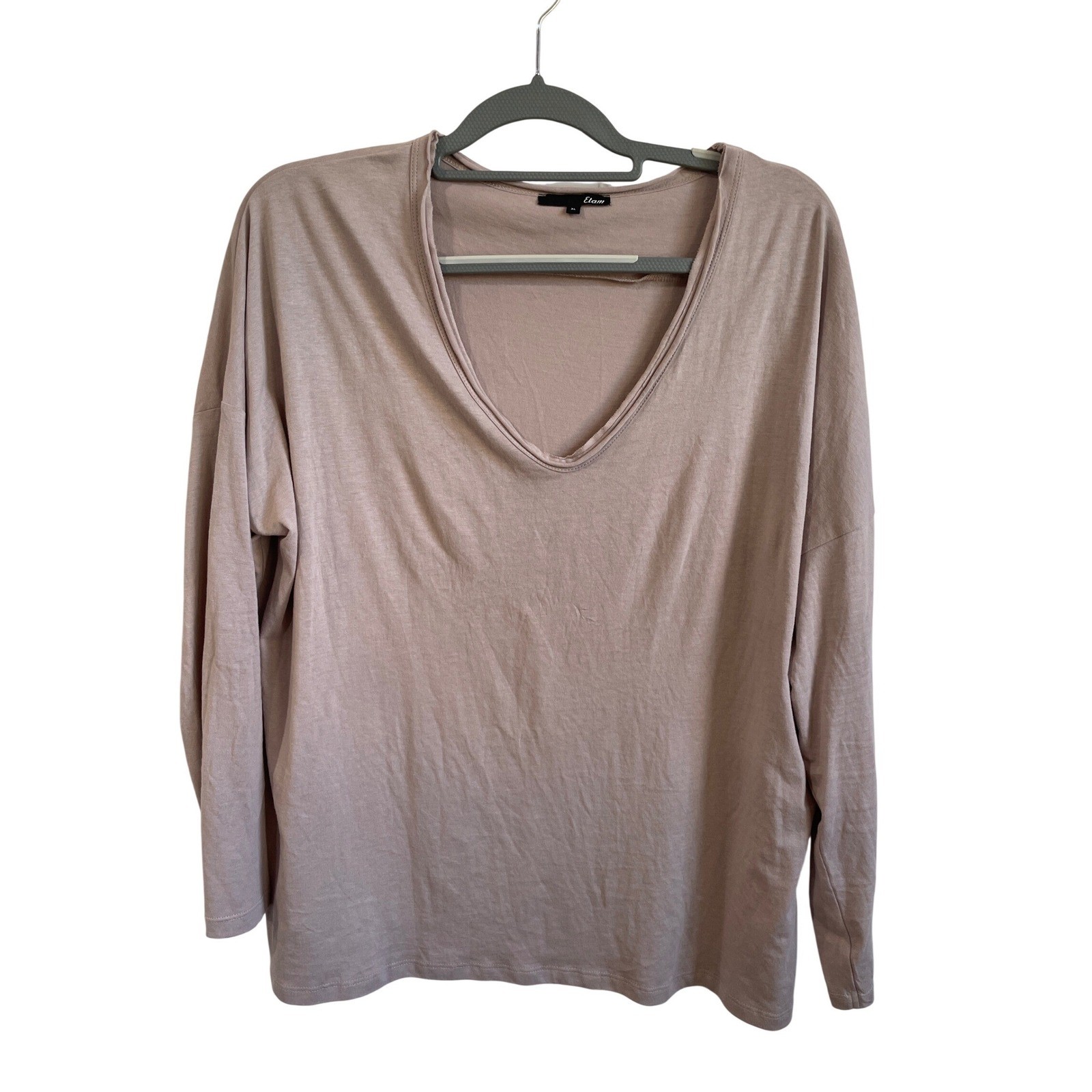 Etam Womens XL Cotton Modal V-Neck Long Sleeve Relaxed T-Shirt Minimalist Soft