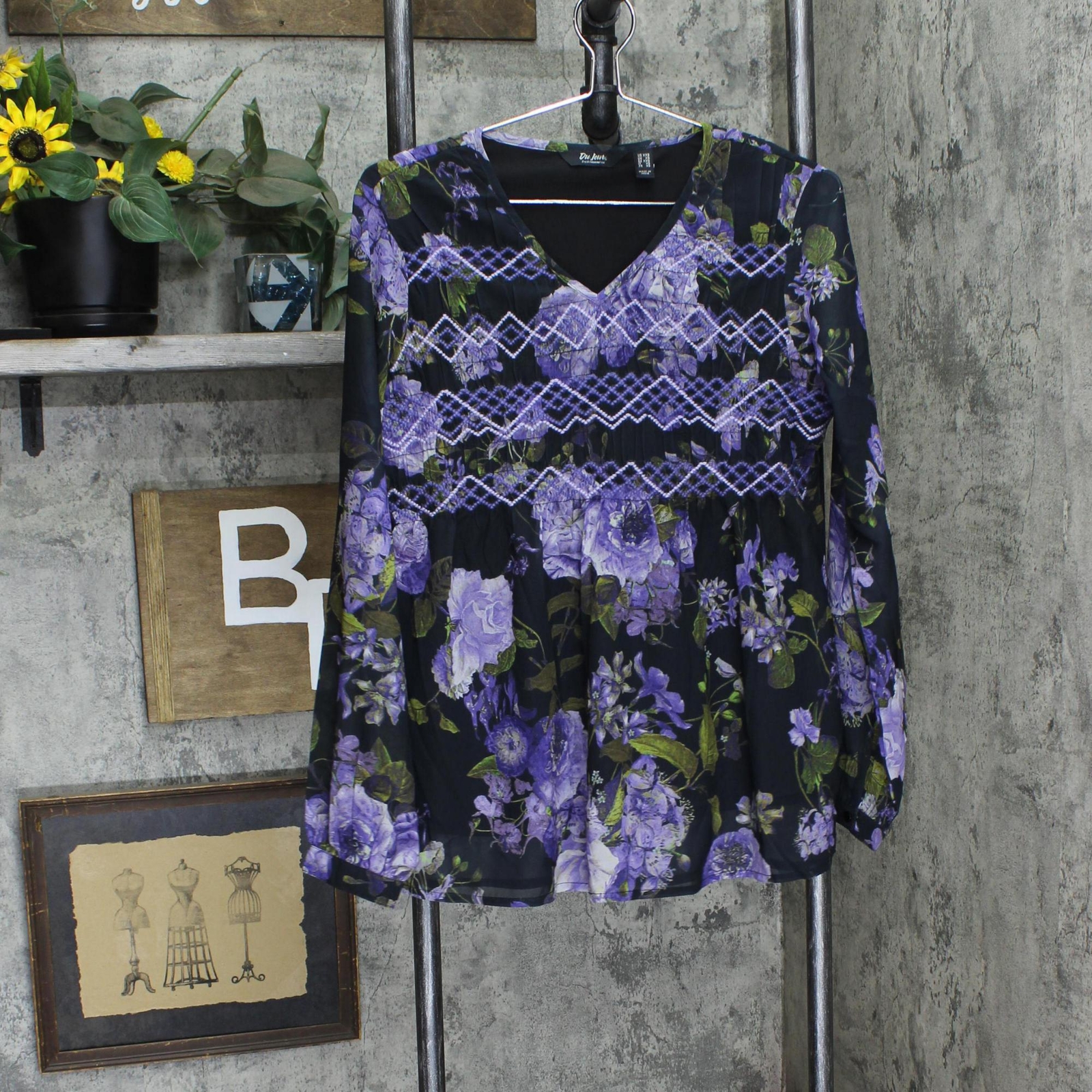 Du Jour Womens Floral Printed Woven Top with Smocked A342170 Violet Purple 2XS