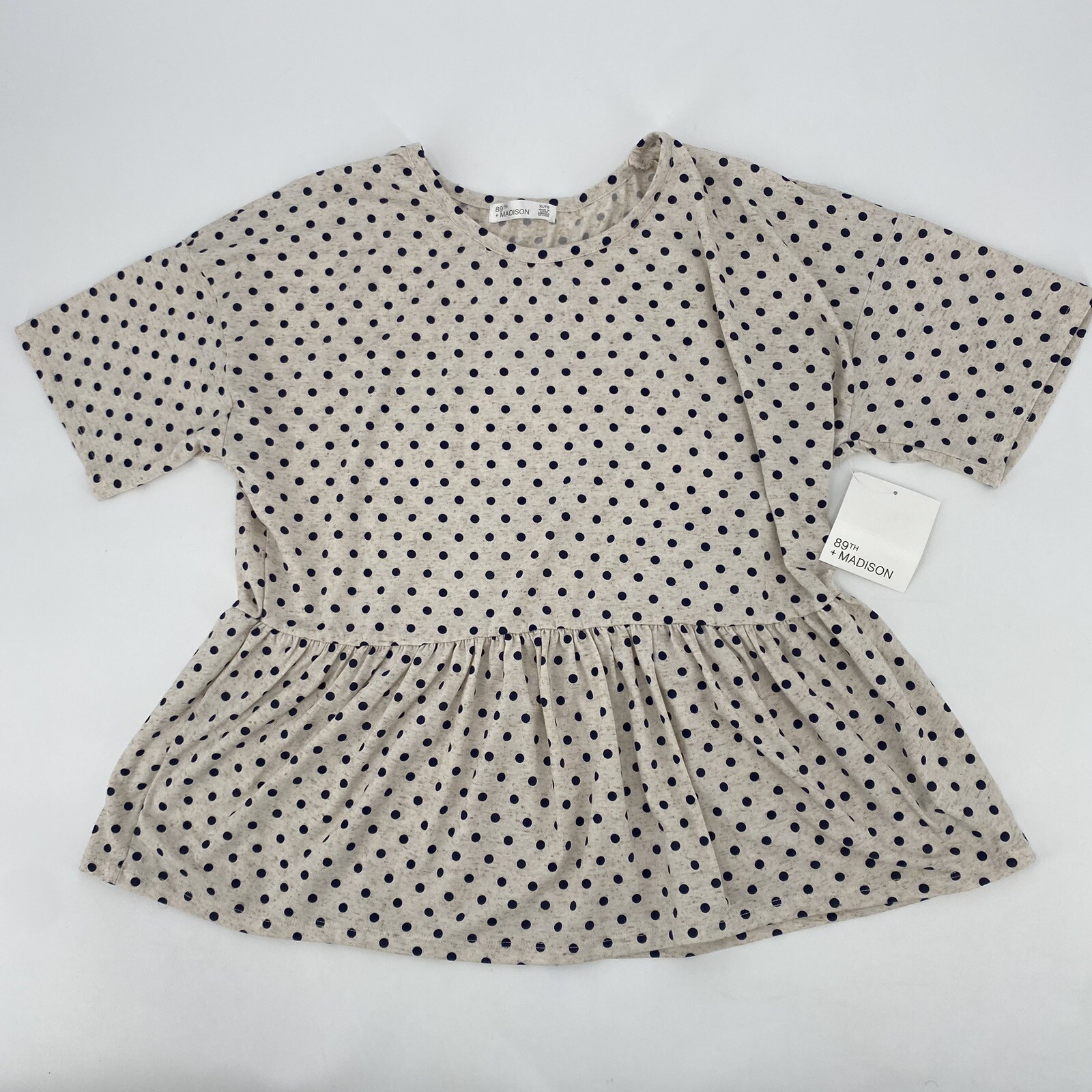 89th and MADISON Blouse Women’s XL Peplum Polka Dot Linen Spandex Blend Stretch
