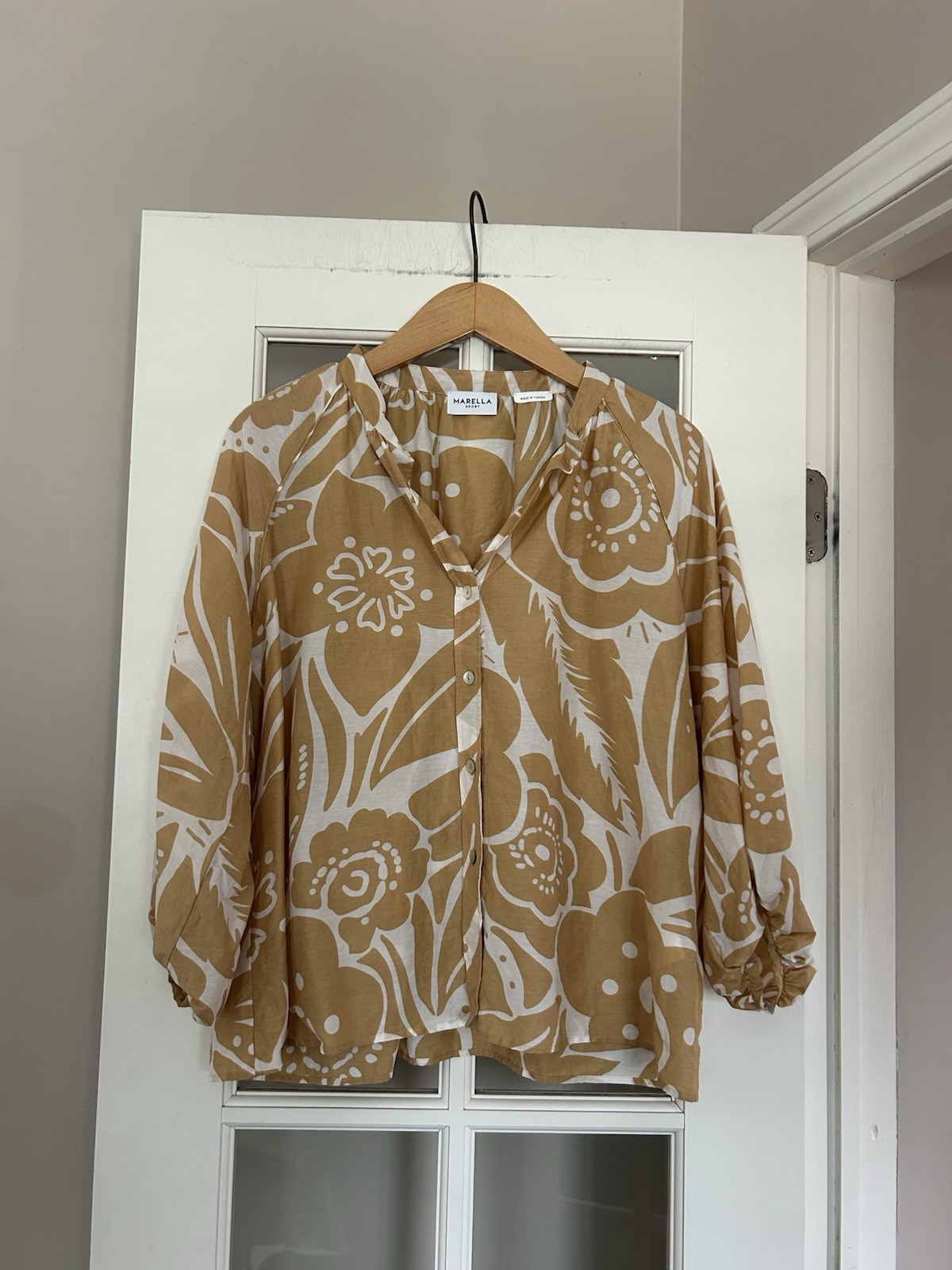 Marella Sport Beige And White Floral Cotton Silk Blend Blouse Top Size 6