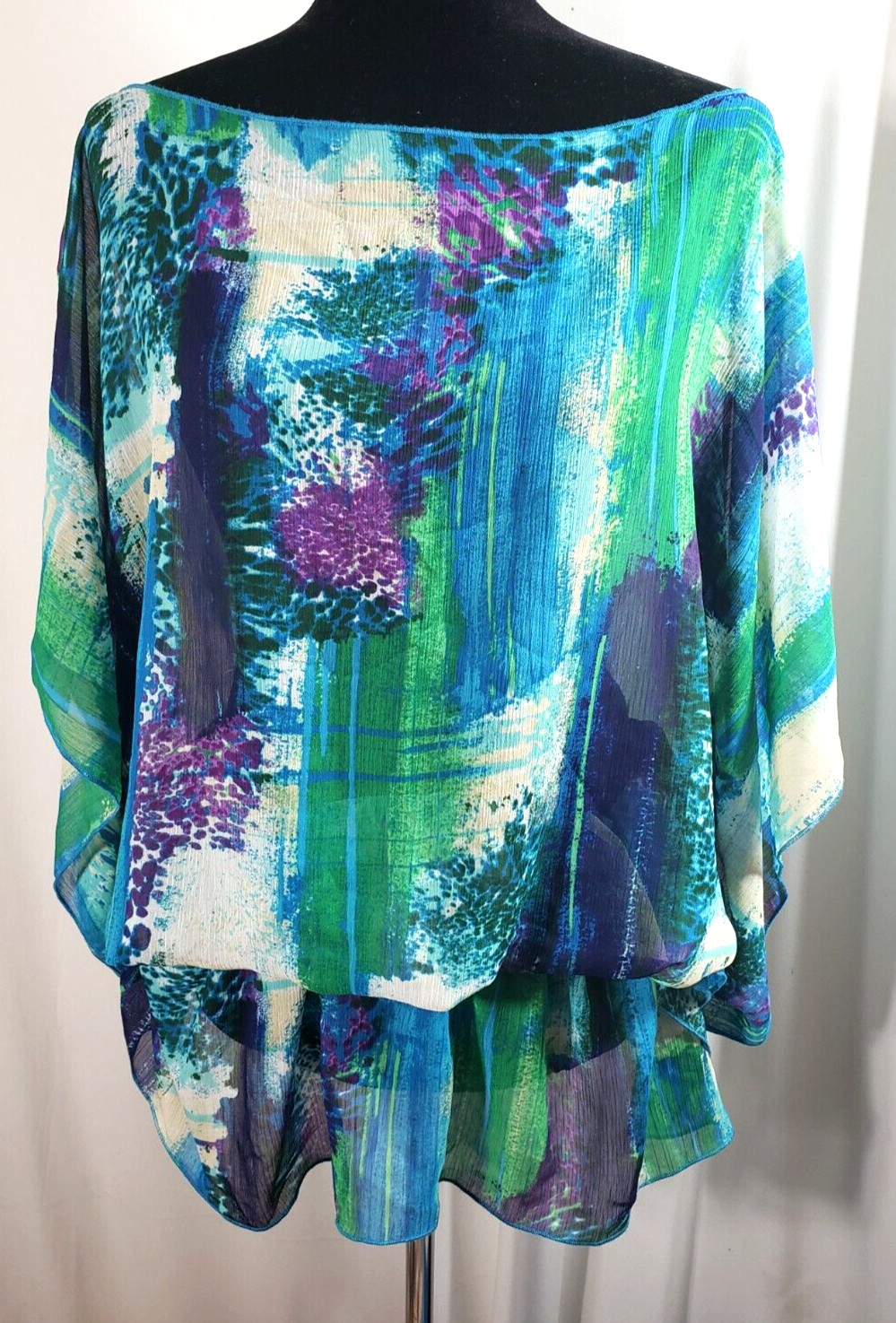 Plus size poncho style top/tunic, blue/green/purple, elastic at hip, 1X-2X