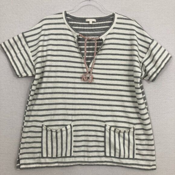 Lisa Todd Gray Striped Cotton Cashmere Blend Tie Front Lagenlook Knit Top 1X