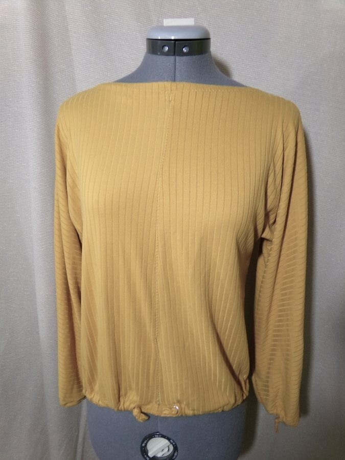 Ribbed knit Mustard stretch fit Boat neck T-shirt Top S long slv Elastic waist