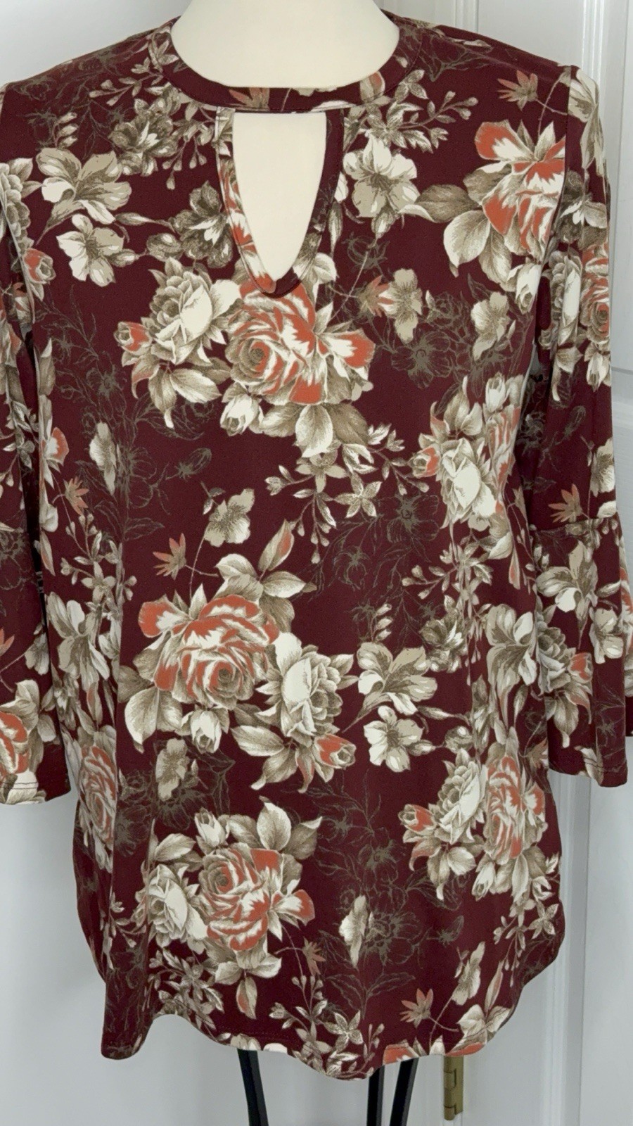Crepas Womans Blouse Shirt floral tunic 3/4 pullover keyhole size small