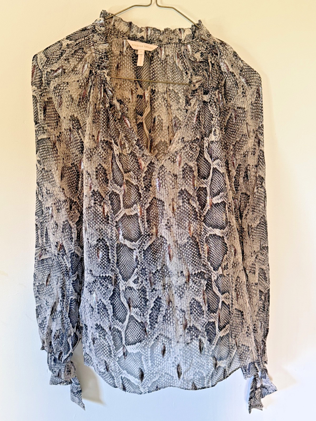 Rebecca Taylor Gray Snake Print Silk Pullover Long Sleeve Blouse Size 4 Women