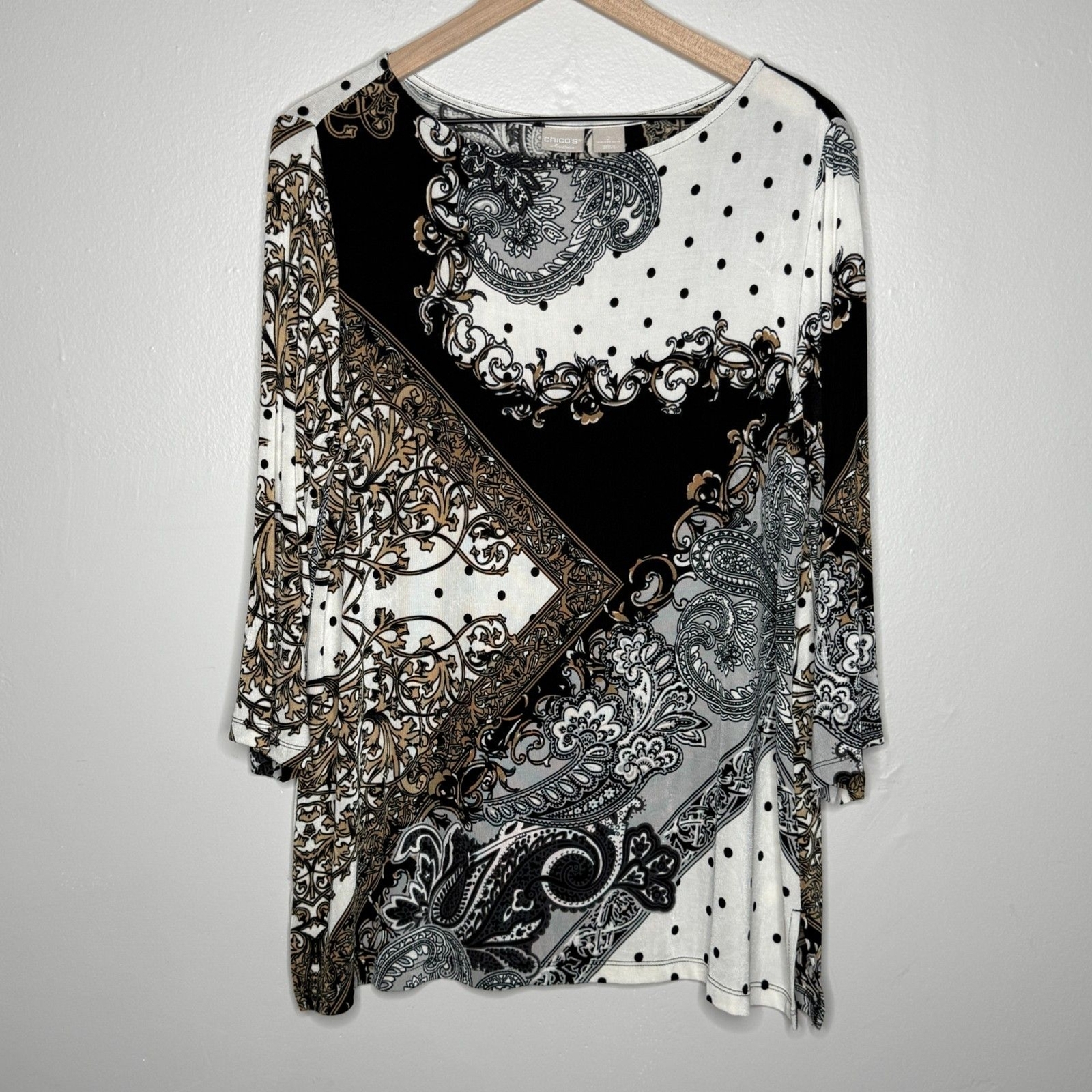 Chico’s Travelers Womens Top 2 (12/14) Black White Paisley Stretch 3/4 Sleeve
