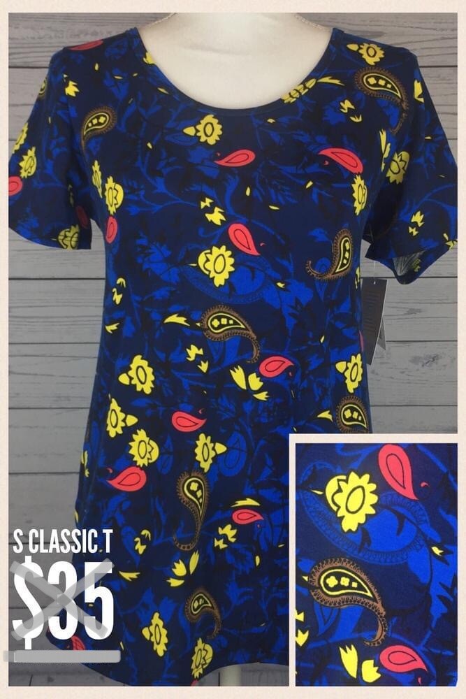 New! LuLaRoe S (Small) Classic T BNWT Vintage 1.0 Blue & Multi Print Made In USA