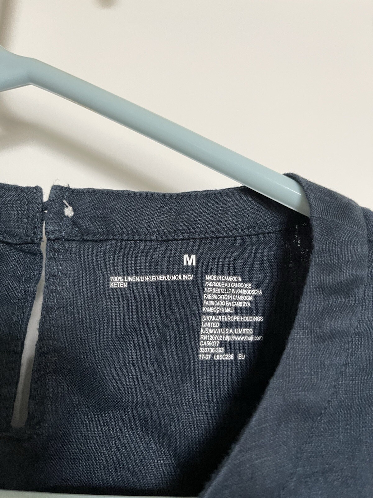 EUC MUJI WOMENS ORGANIC 100% LINEN WASHED 3/4 SLEEVE BLOUSE DARK NAVY MEDIUM M