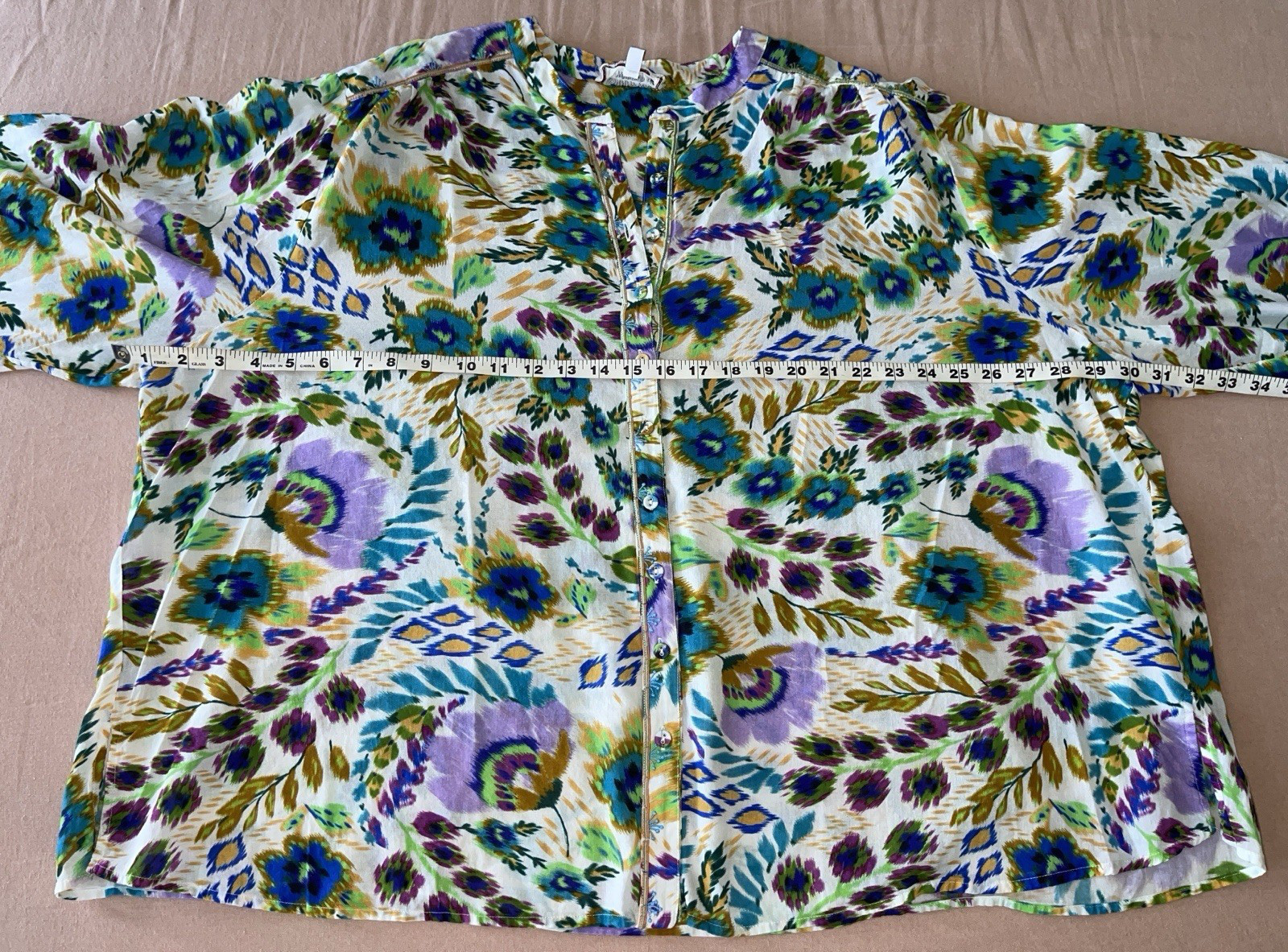 JOHNNY WAS WORKSHOP Ikat Bloom Shirred Yoke Cotton Multicolor Floral Blouse 3X
