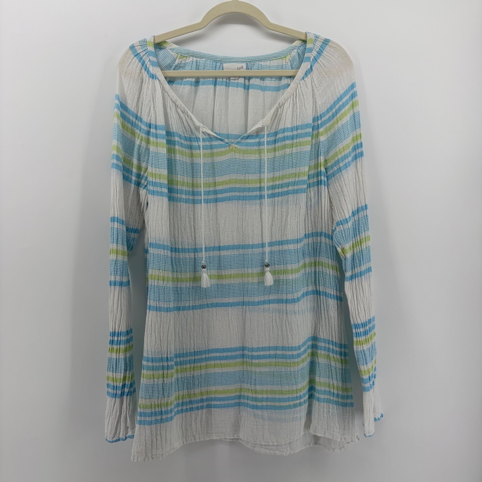 J. Jill Striped Tunic Top White Blue Green Long Sleeve V Neck Tassel Size Large
