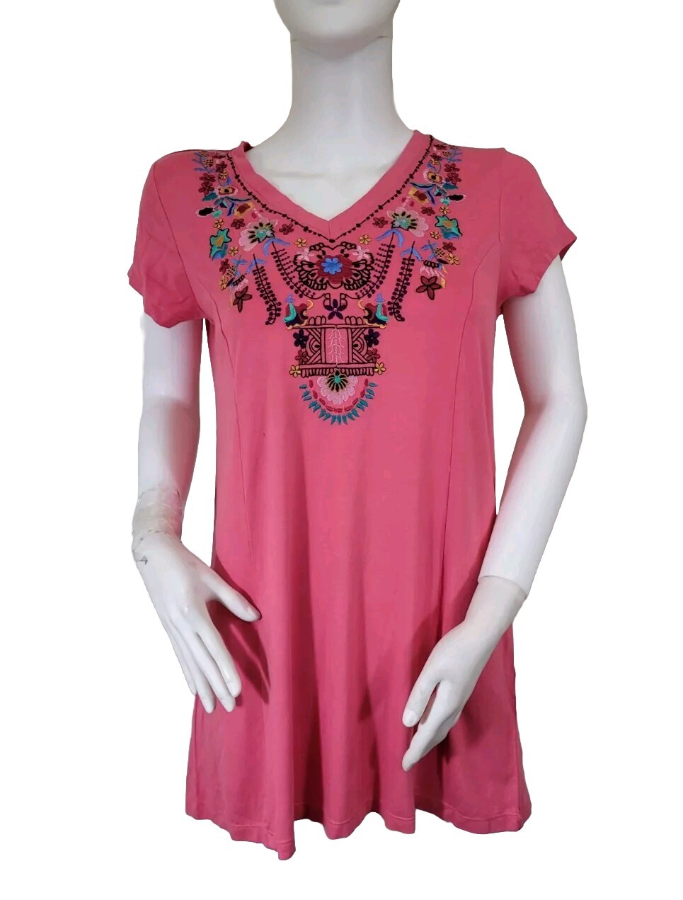 Sahalie Women’s Tunic Top Blouse Size S V Neck Embroidered Boho Pink Stretch (34