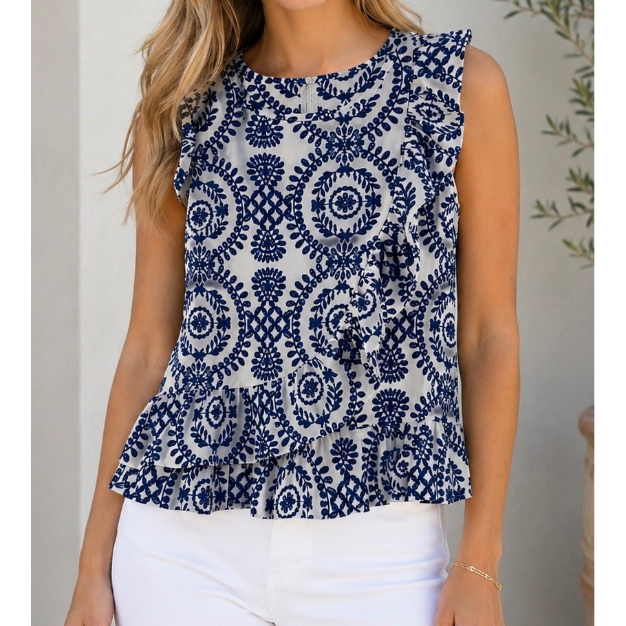 Blue & White Medallion Ruffle Peplum Top Womens Small Sleeveless