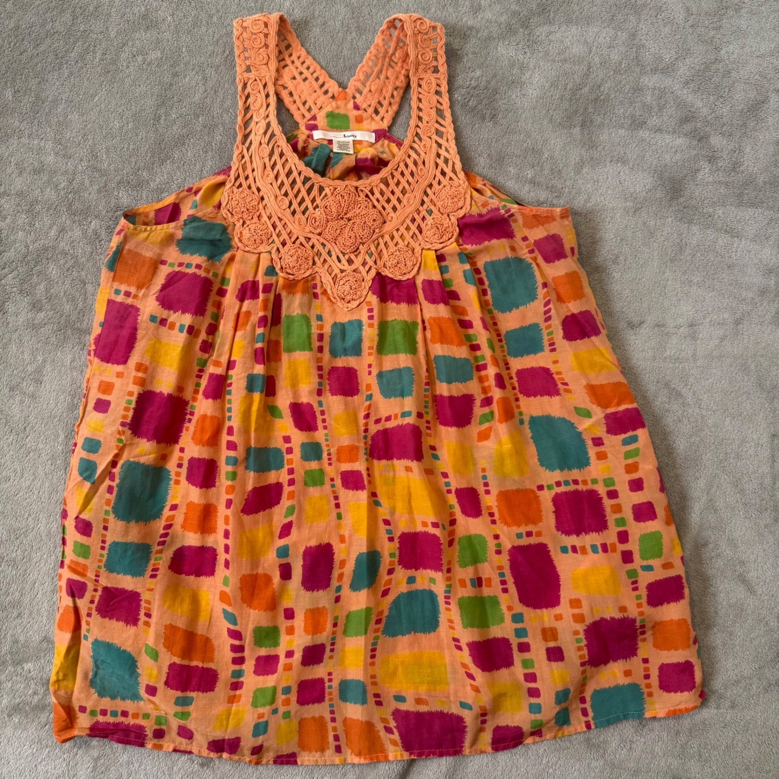 Art To Wear Silk Blend Crochet Tunic Top BOHO Geometric Womens M Eclectic