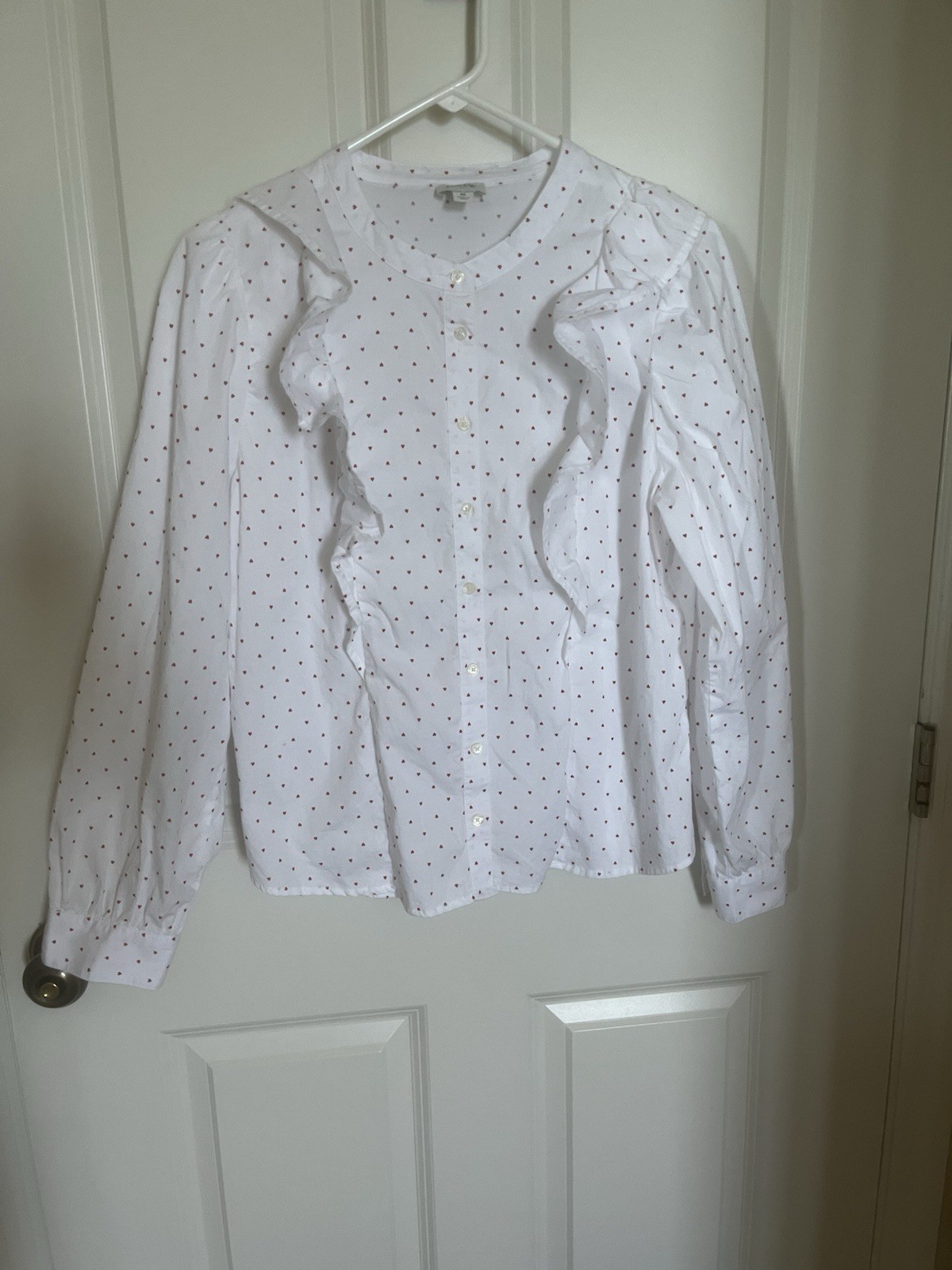 J Crew Summer Ruffled White Cotton Poplin Too w/ Hearts Design Size Medium