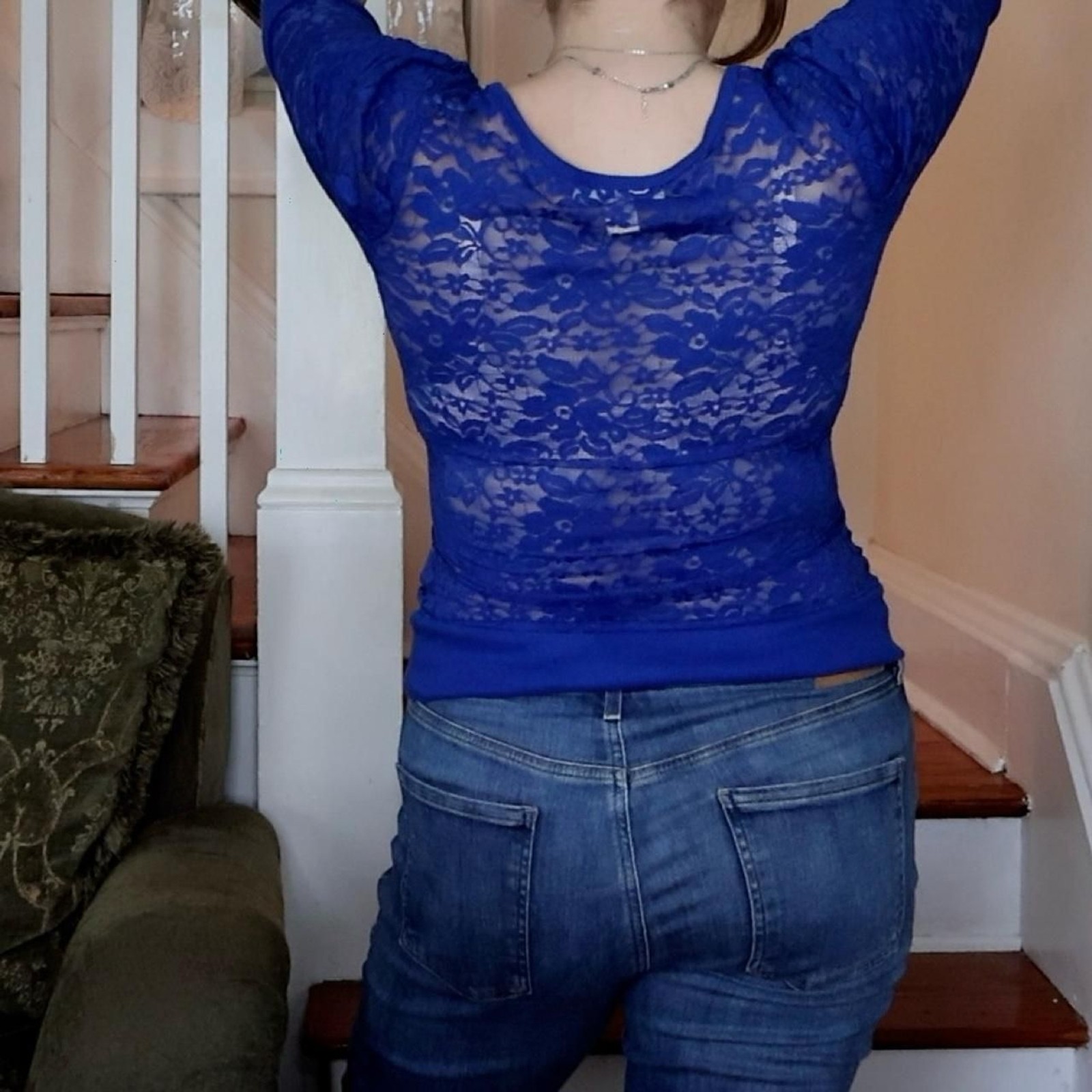 Cobalt Blue Sheer Lace Top Sz Medium Button Front Y2K Whimsigoth Colorblock