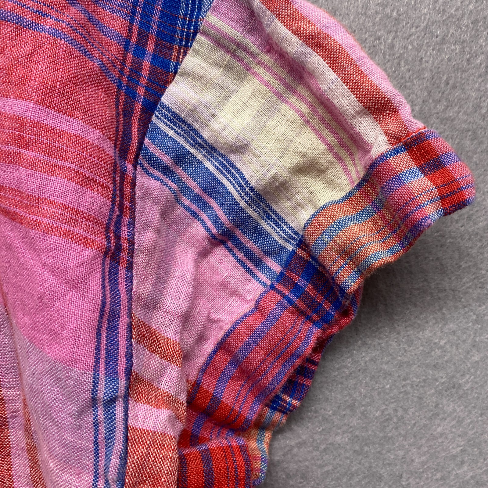 C&C Shirt Womens Medium Pink Plaid Linen Pullover Ruffle Boho Preppy Cropped