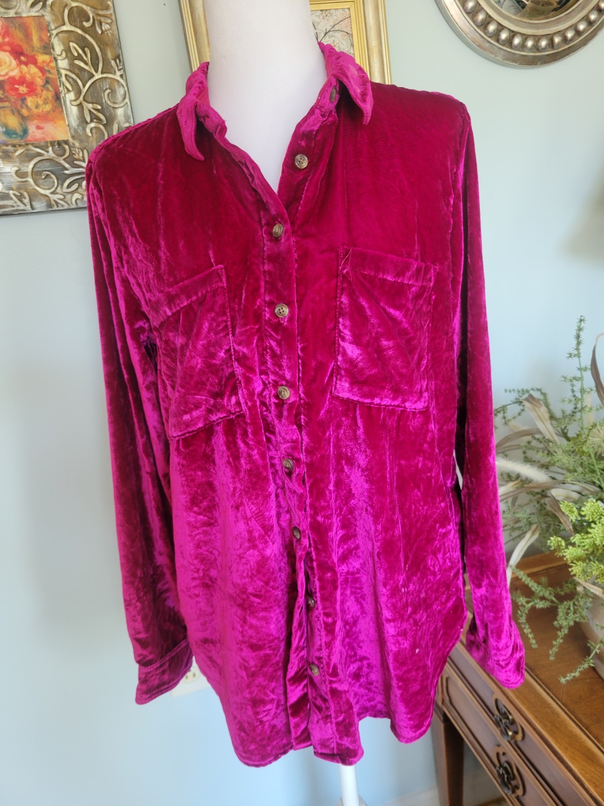 Pilcro Pink Velvet Button-Up Collared Blouse Long Sleeve Women’s US 4