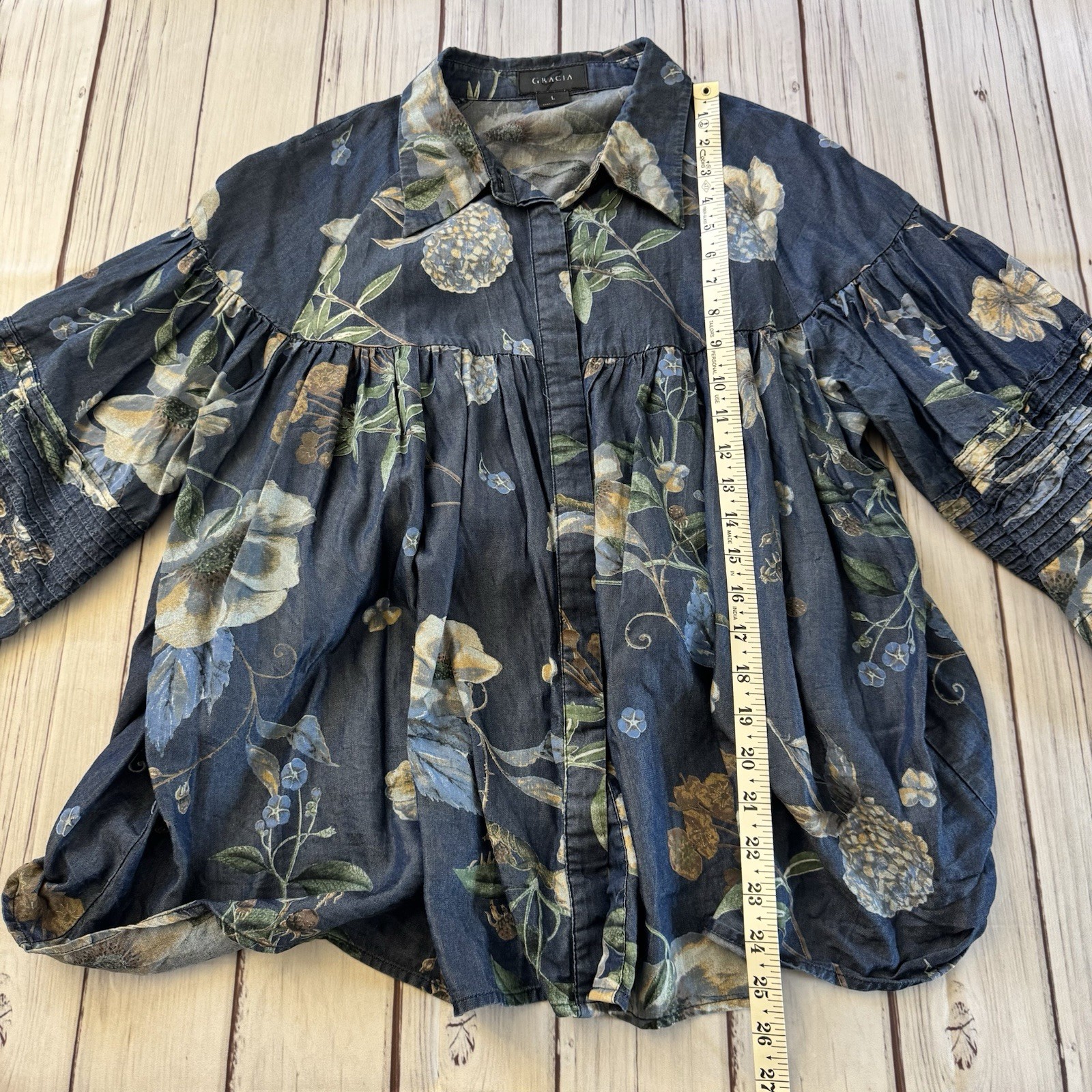 Gracia Floral Tencel Boho Peasant Blouse Pintuck Balloon Sleeve Women Large