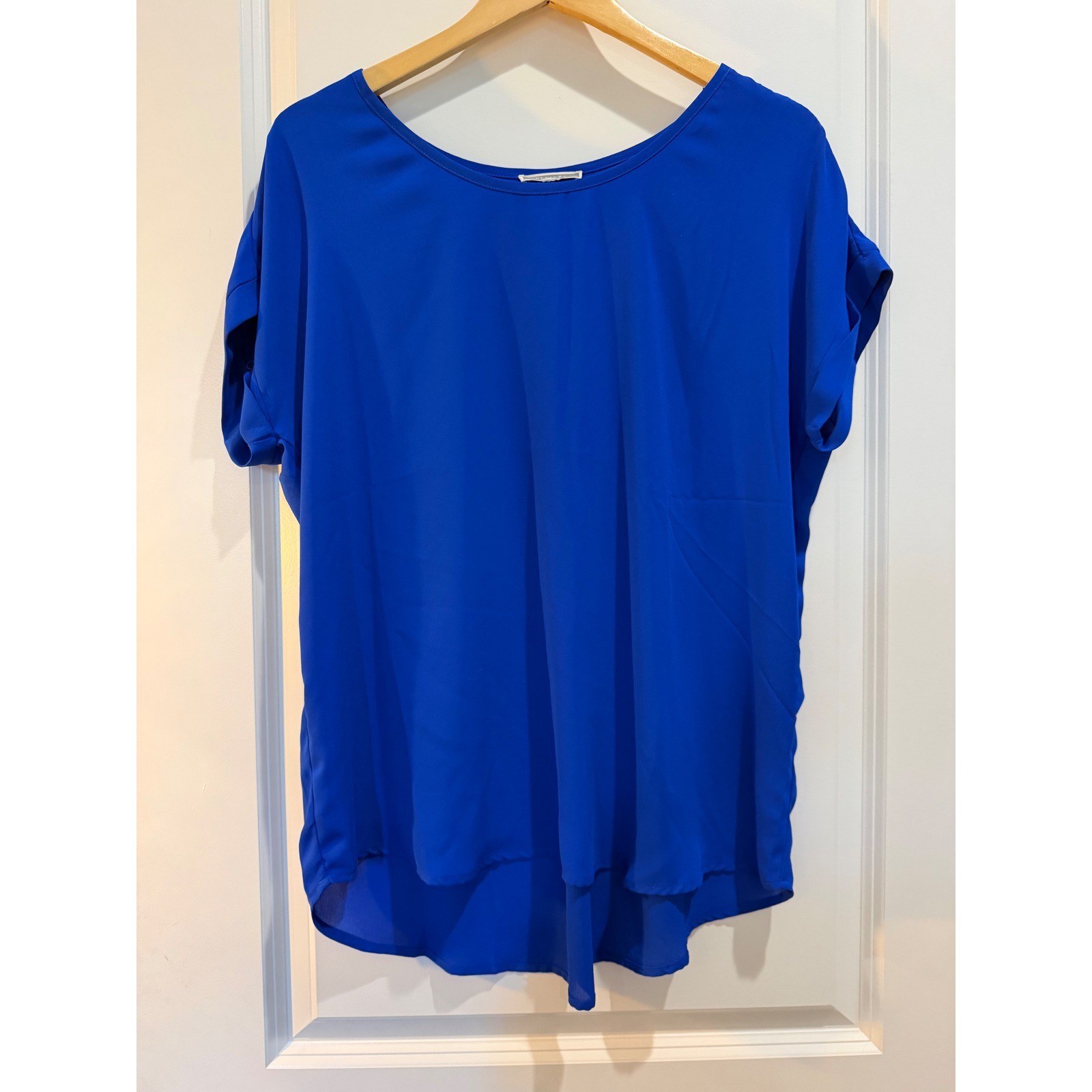 Pleione Women Royal Blue Pleated Back Rolled Sleeve Blouse Top Size Large L