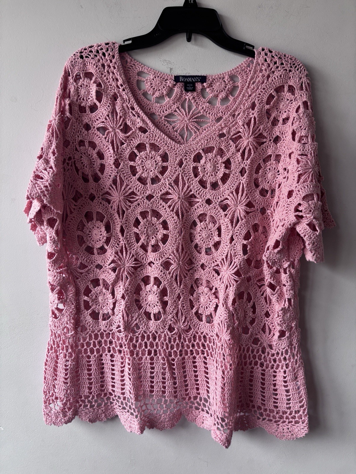 Roaman’s Top OverBlouse Crochet Lace Short Sleeve Peach Cotton Ramie Blend 18 20