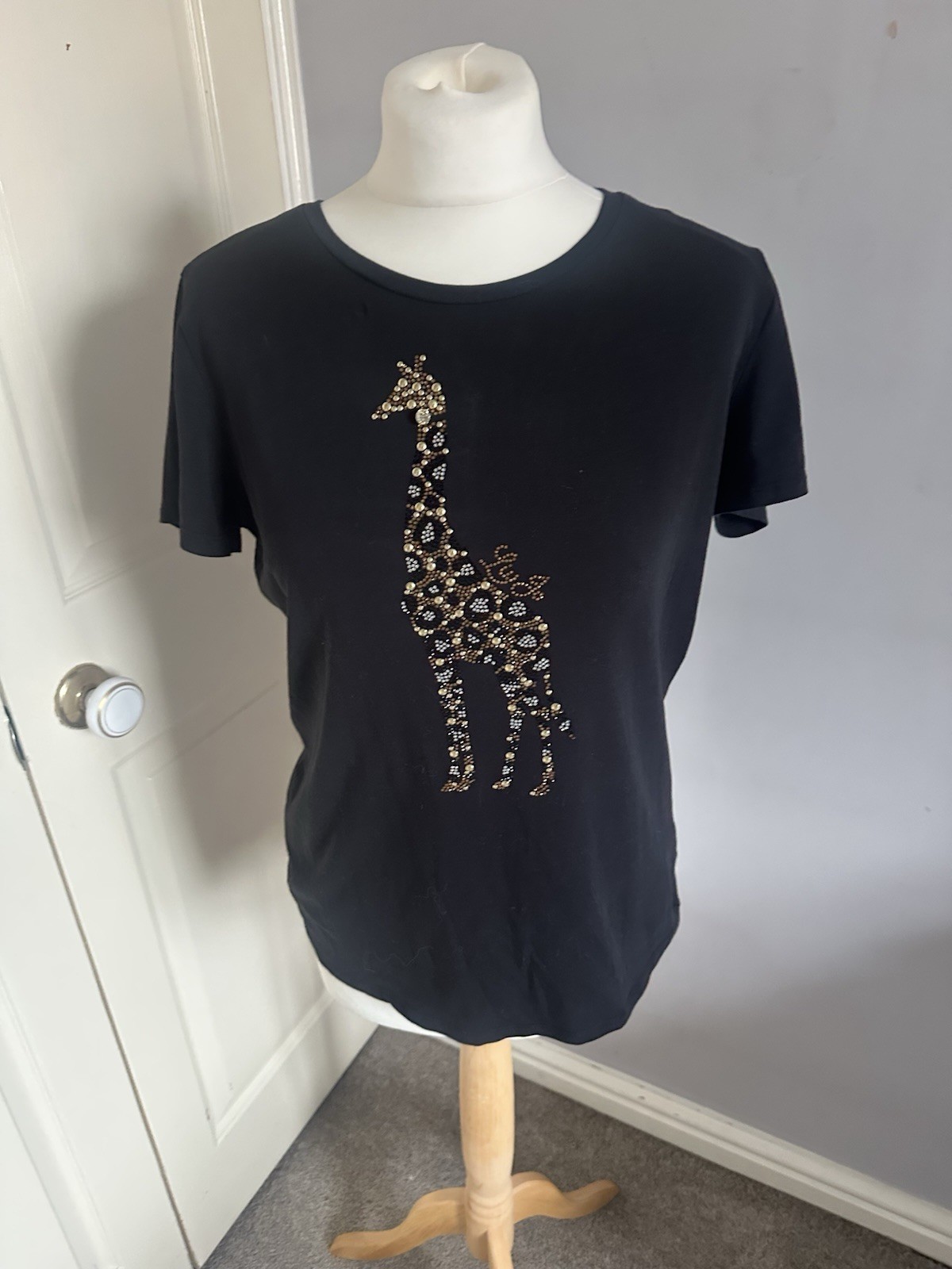 Liu Jo Black Embellished Giraffe T Shirt UK 12 Studded Short Sleeve Top VGC Med