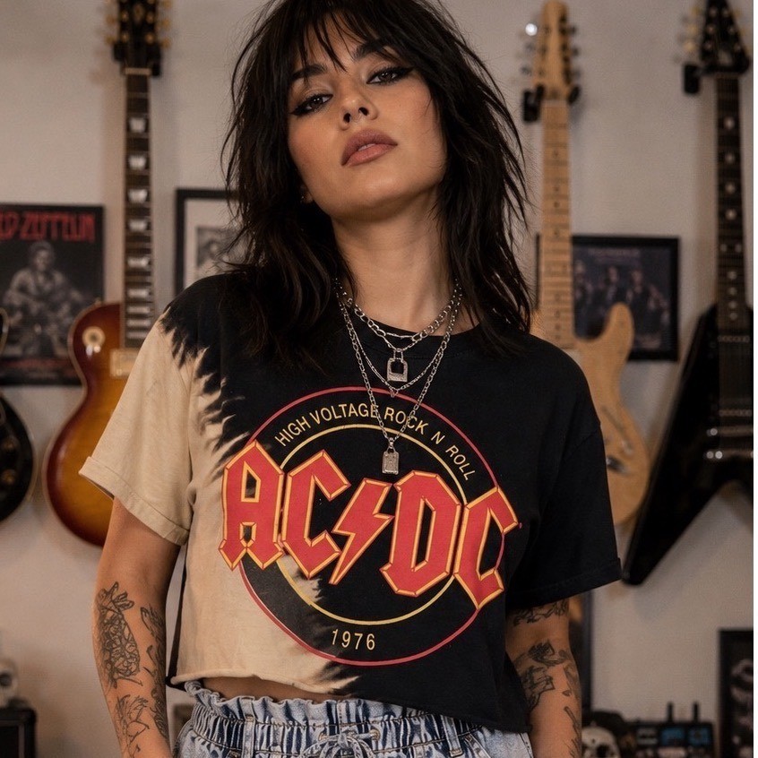AC/DC High Voltage Rock N Roll Graphic Crop Top Women S/M Black Bleach Tie Dye