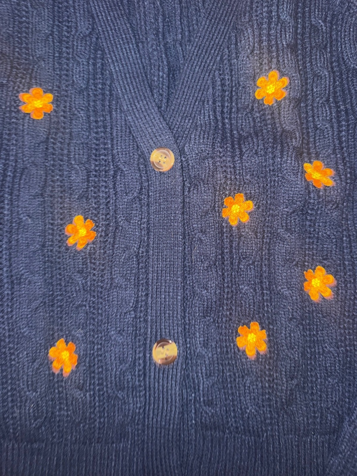 Tidal Nest Navy Cable Knit Cardigan Embroidered Daisy Floral Cotton Size Small