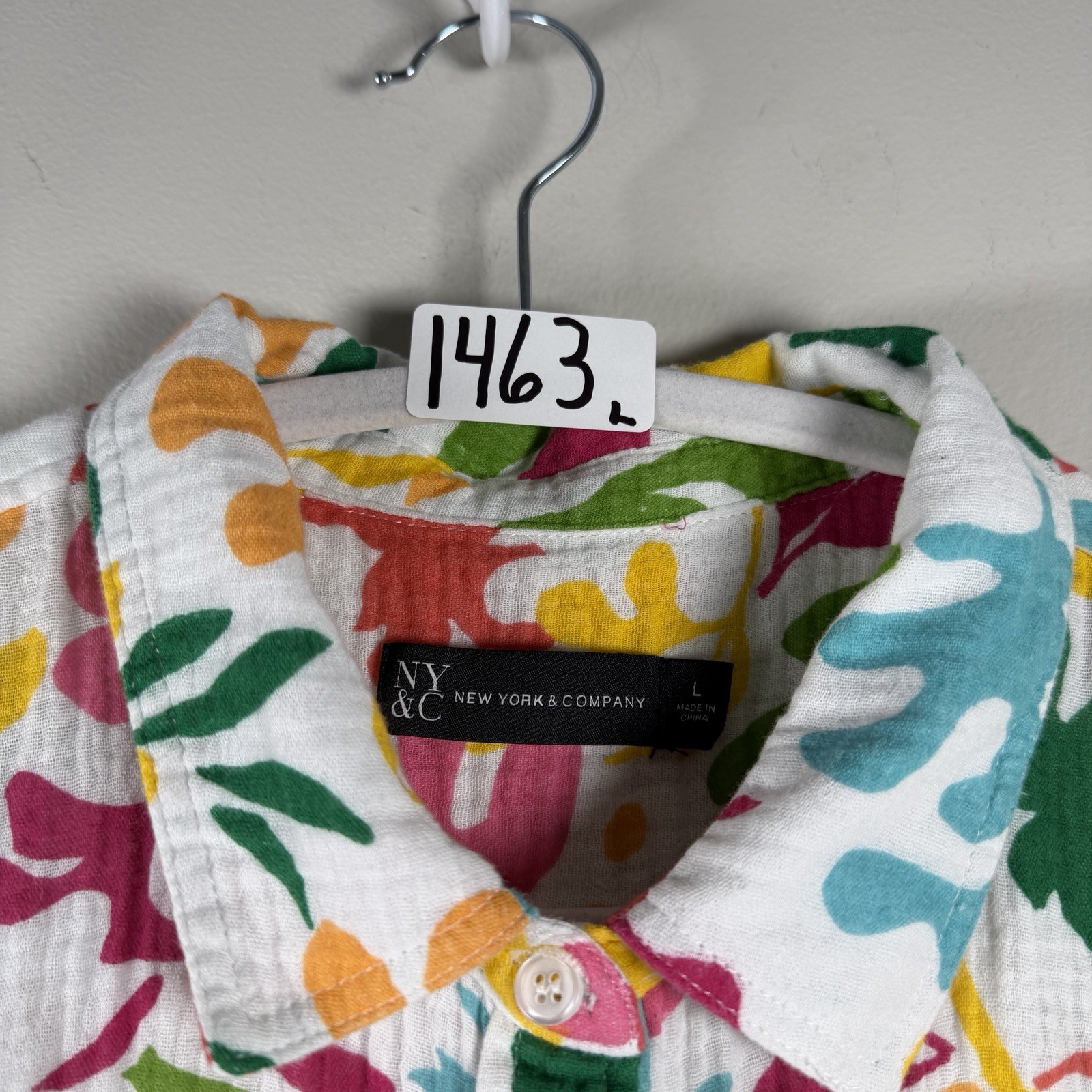 Women’s Multicolor Large 100% Cotton Gauze Abstract Long Sleeve Button Up Resort