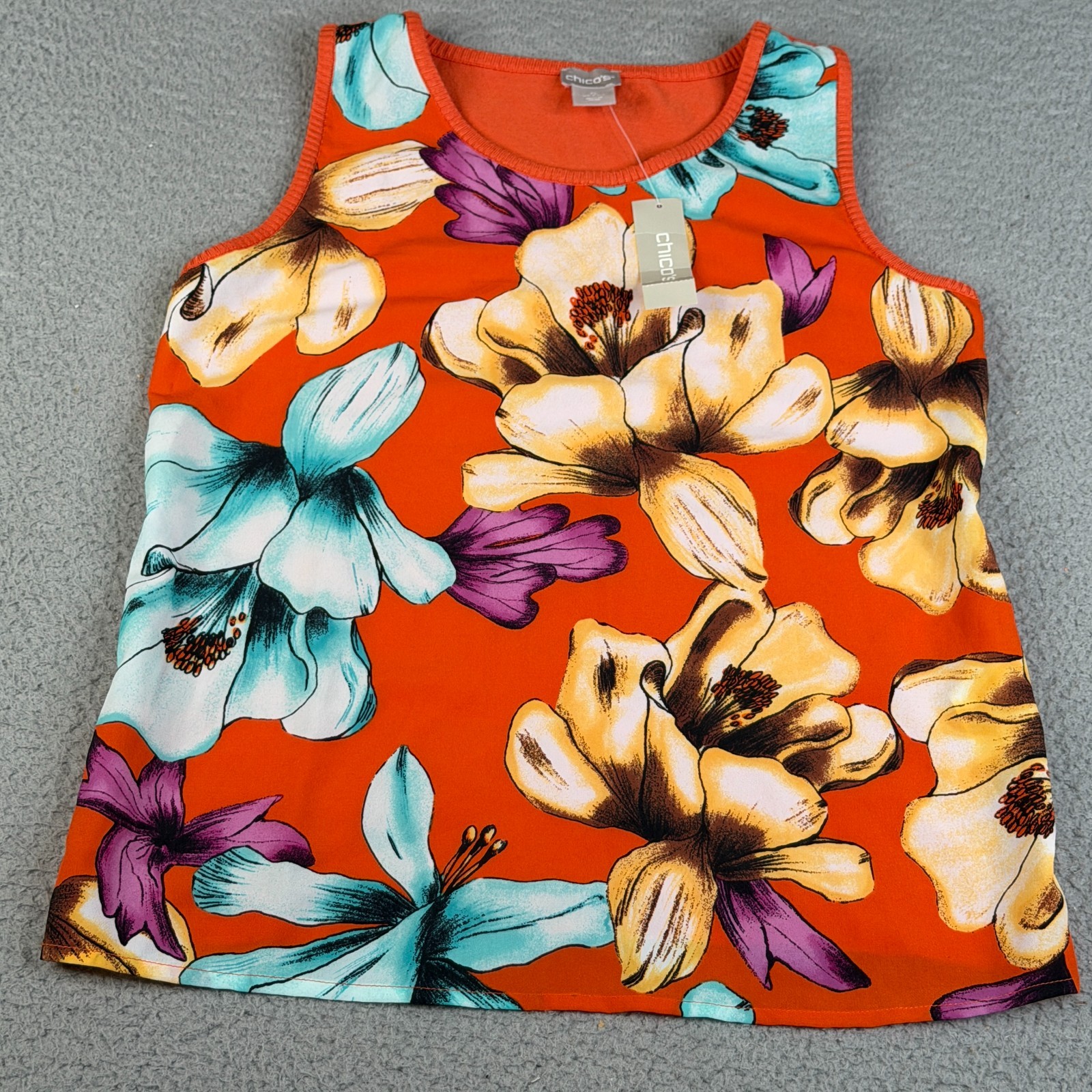 Chicos Sweater Tank 0 Small Orange Blue Purple Knit Woven Floral Sleeveless