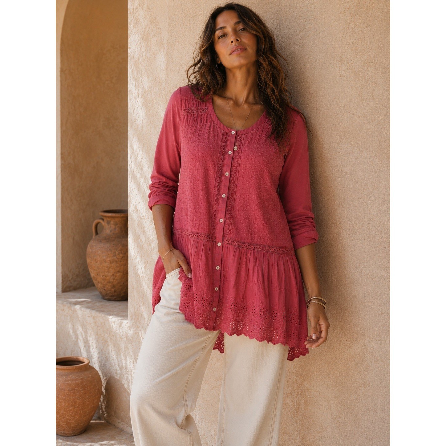 LOGO Lavish Lori Goldstein Pink Cotton Eyelet Lace Peplum Tunic Top XS Romantic