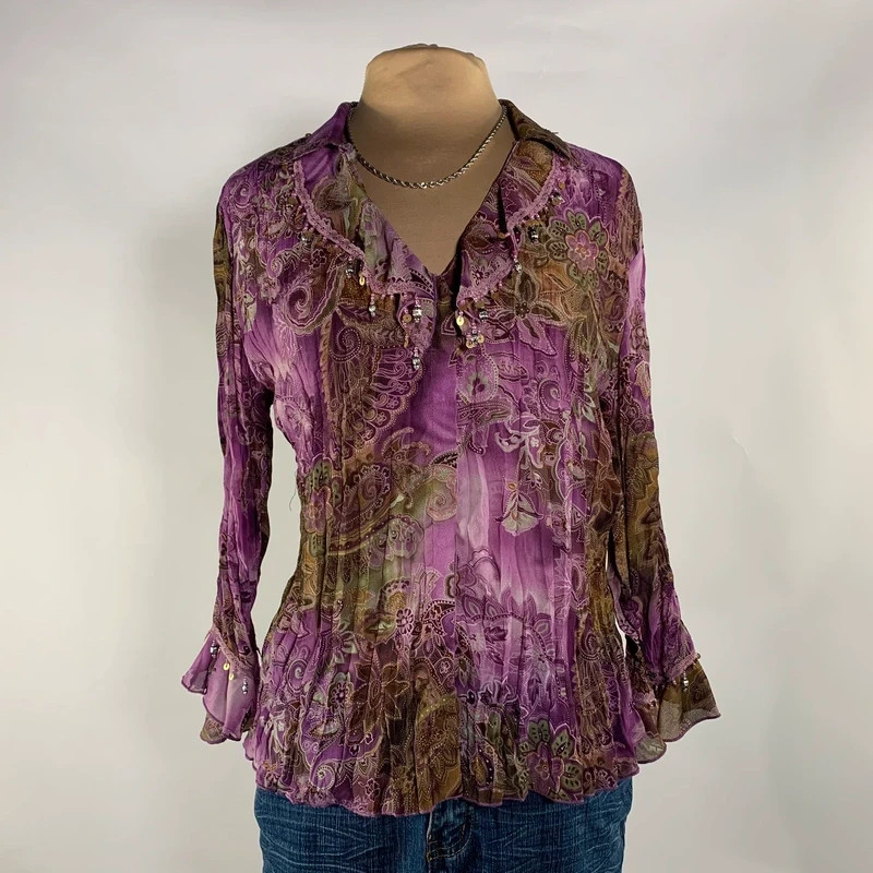 Y2K Dressbarn Purple Multicolor Accordion Paisley Sequin Lace Charms Blouse M/L