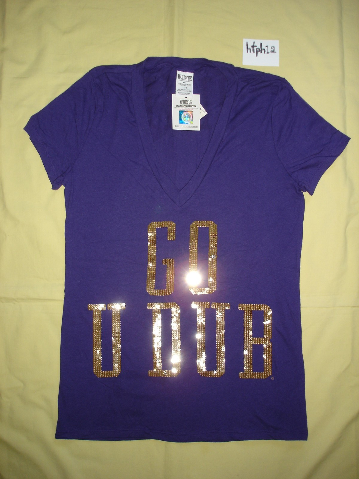 NWT New Victoria’s Secret Pink Collegiate Bling Sequins UDUB T Tee shirt Top L