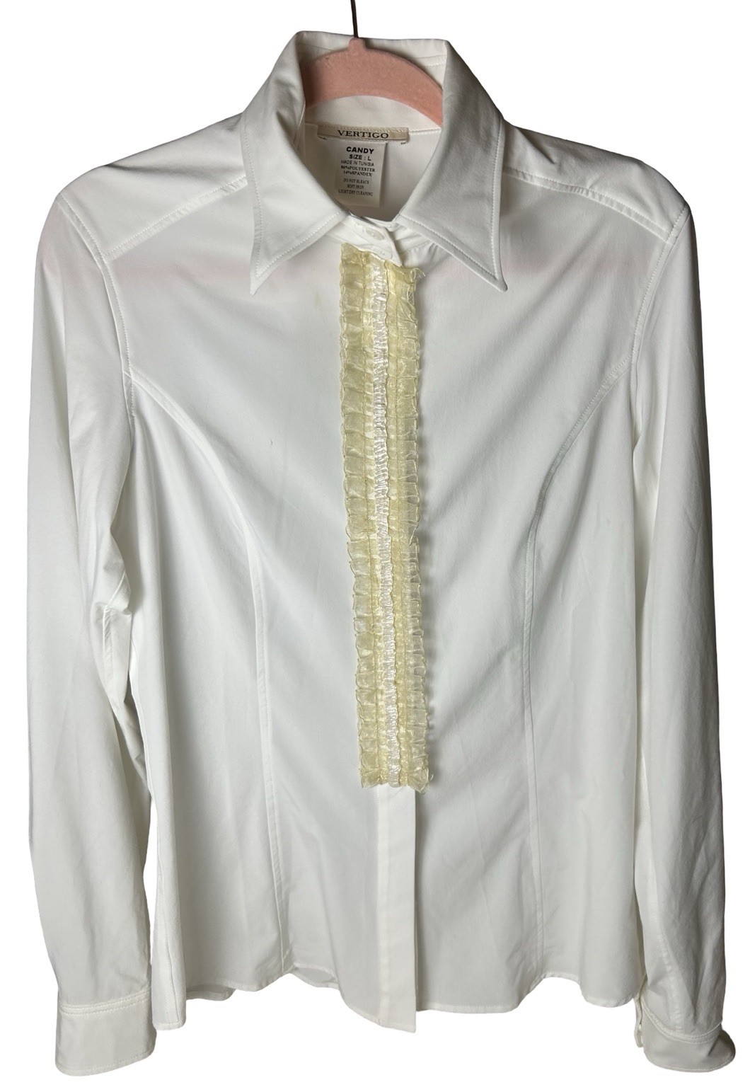 VTG Vertigo Paris Ruffle Front Button Up Blouse Sz L (M) White Long Sleeve READ