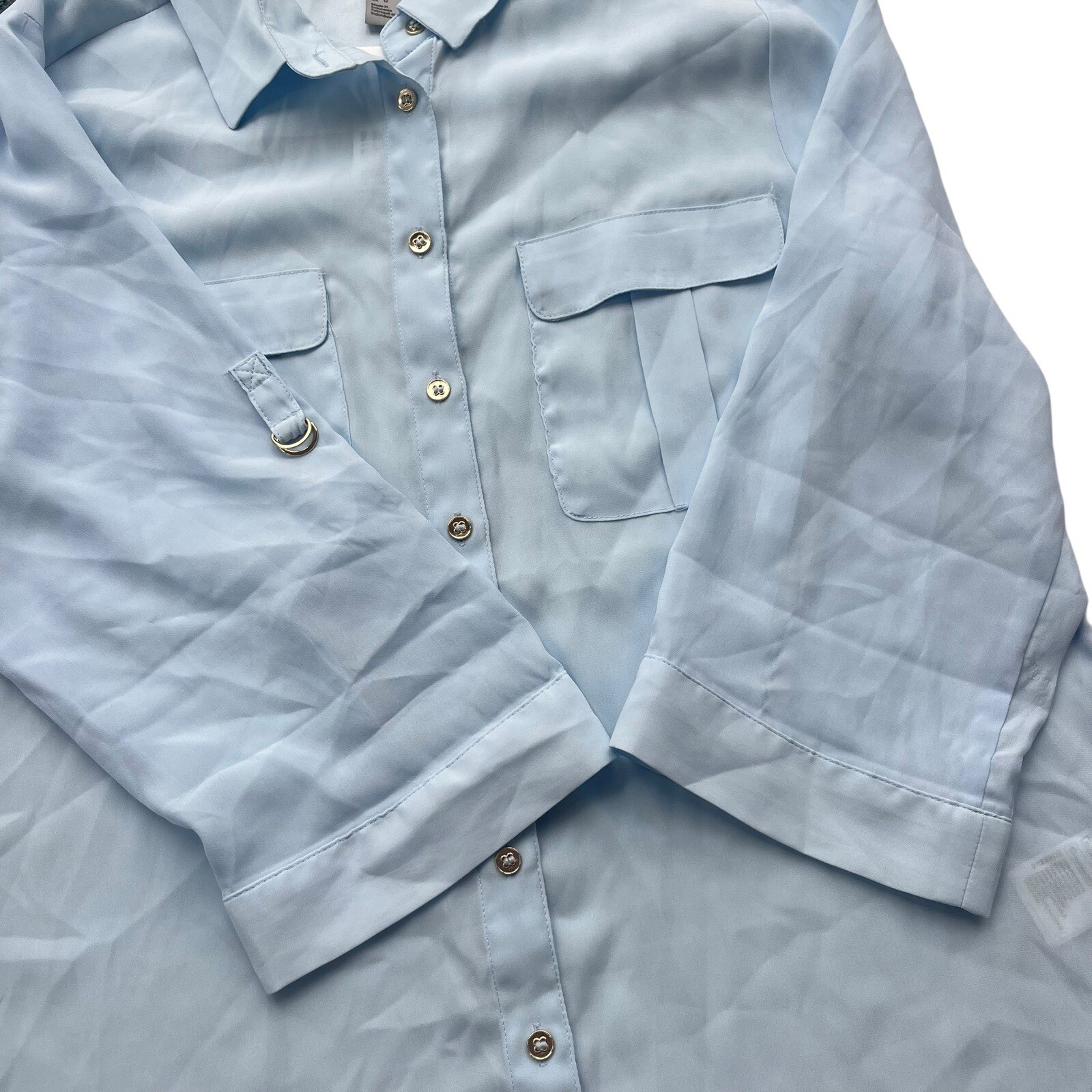 H&M Women’s Sz 12 Light Blue 3/4 Roll Tab Sleeves Lightweight Button Front Shirt