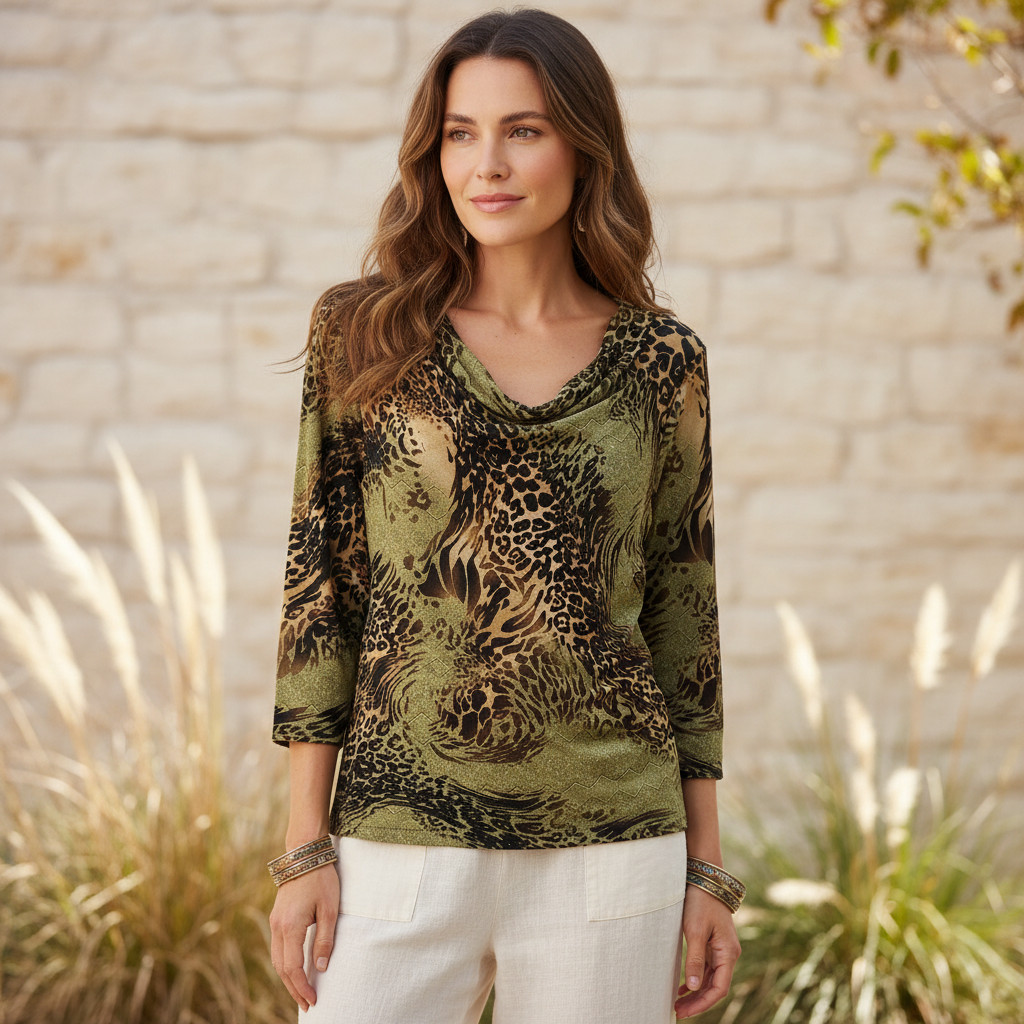 Suzie in the City L Top Green Animal Lace Cowl Draped Edgy Boho Fairy Grunge