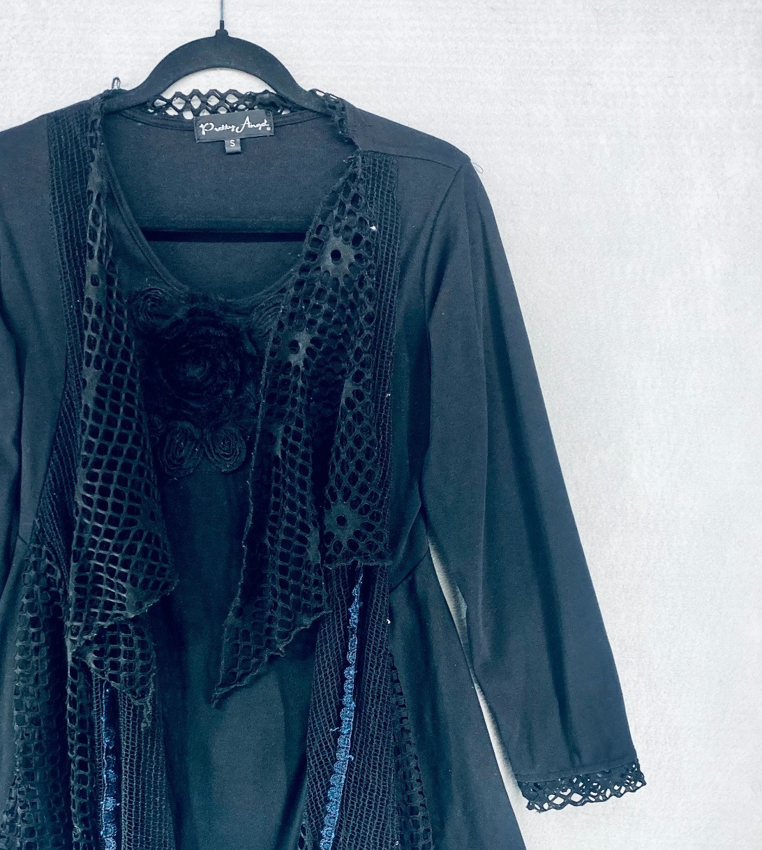 Pretty Angel Whimsygoth Top Womens S Black Silk Blend Blouse Fairycore Sequins