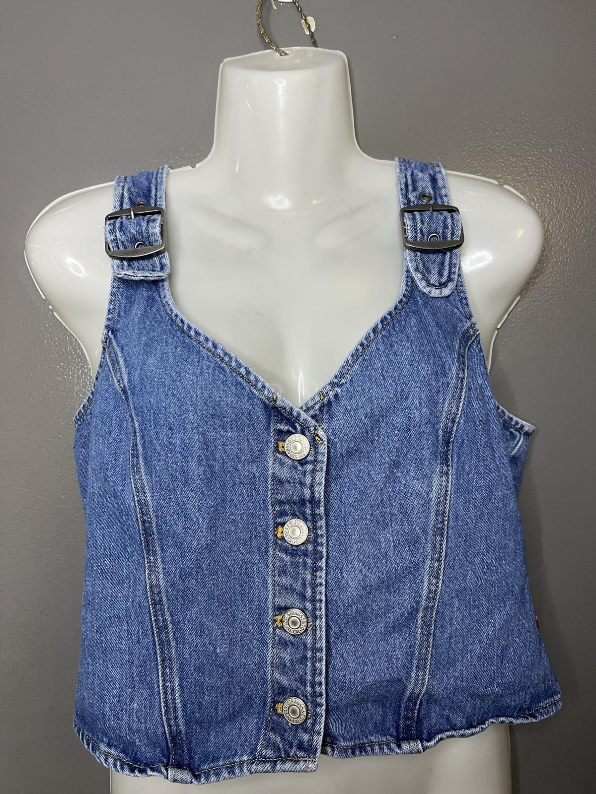 Levi’s Tank Top Womens Medium Blue Denim Button Front Buckle Strap Cropped