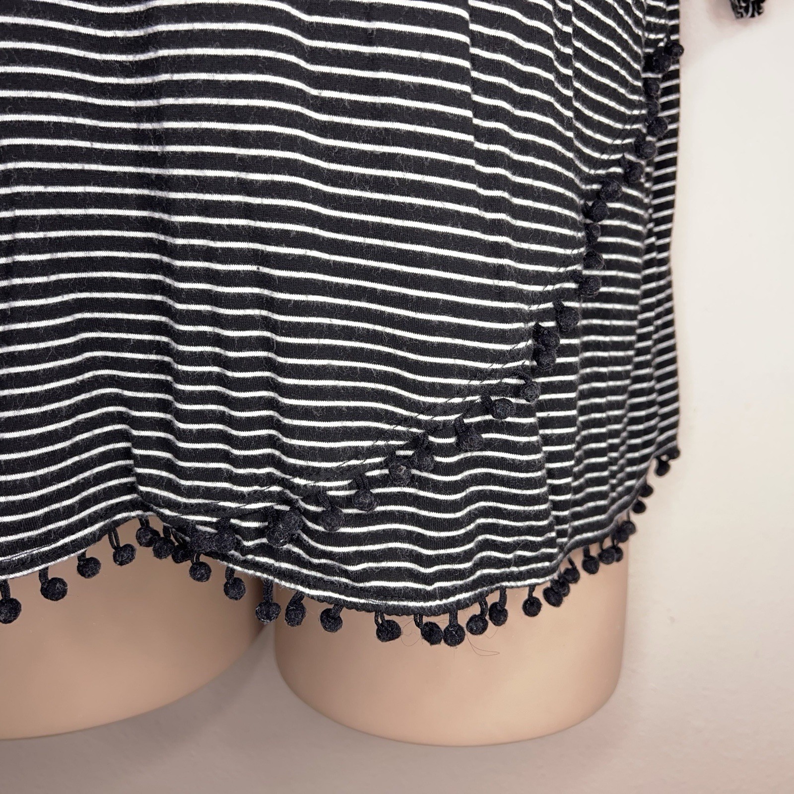 1x Isela Black White Striped Top Pom Pom Accent Goth Preppy Stretch Casual