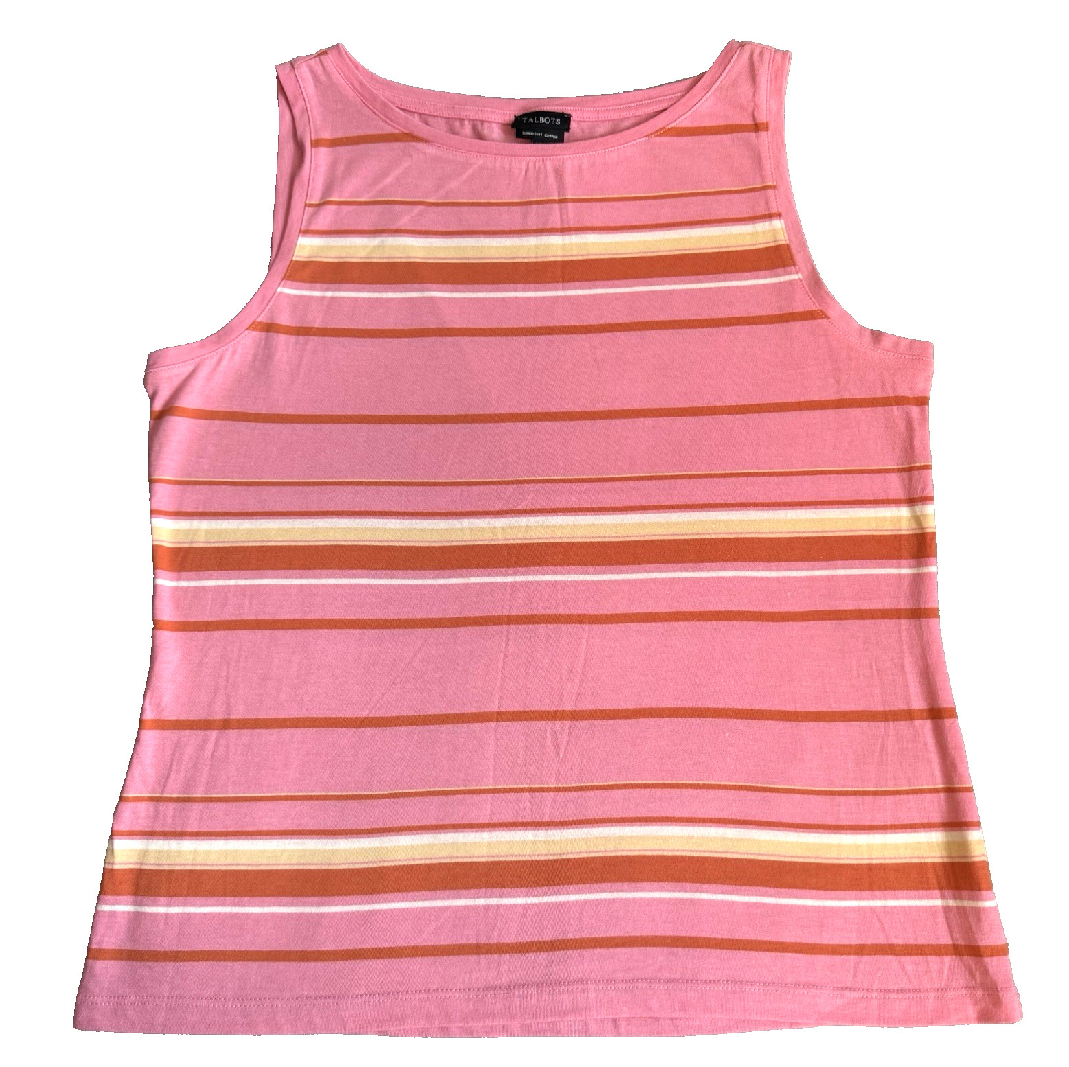 Talbots Women L Tank Top Super-Soft Pima Cotton Pink Striped Orange Round Neck